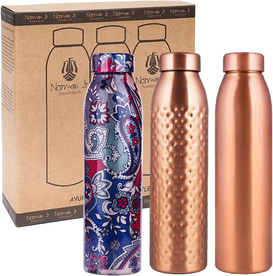 NORMAN JR, Hammered-1 Plain-1 Blue Printed-1, Copper Water Bottle 1L Extra Large-an Ayurvedic Pure Premium Copper Vessel, Lower Your Sugar Intake and Enjoy The Health Benefits - Gift Pack of 3