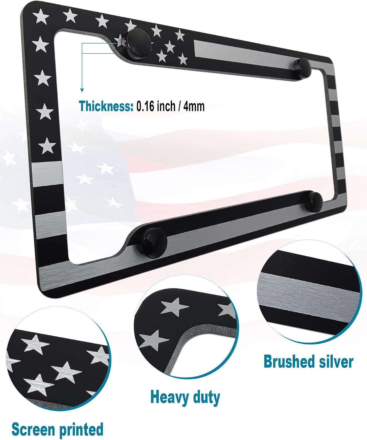 American Flag License Plate Frames- Heavy Duty Aluminum-Plastic Composite Patriotic Car Tag Holder with Mounting Hardware & Screws Caps (Black)，2 Pack for Front Rear