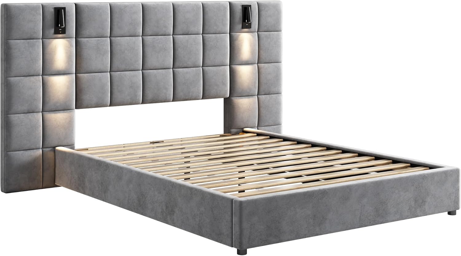 Queen Size Bed Frame with Wide Headboard, Velvet Upholstered Platform Bed with Reading Lamp and USB Port, Wooden Slats Support, No Box Spring Needed (Grey+Velvet, Queen)