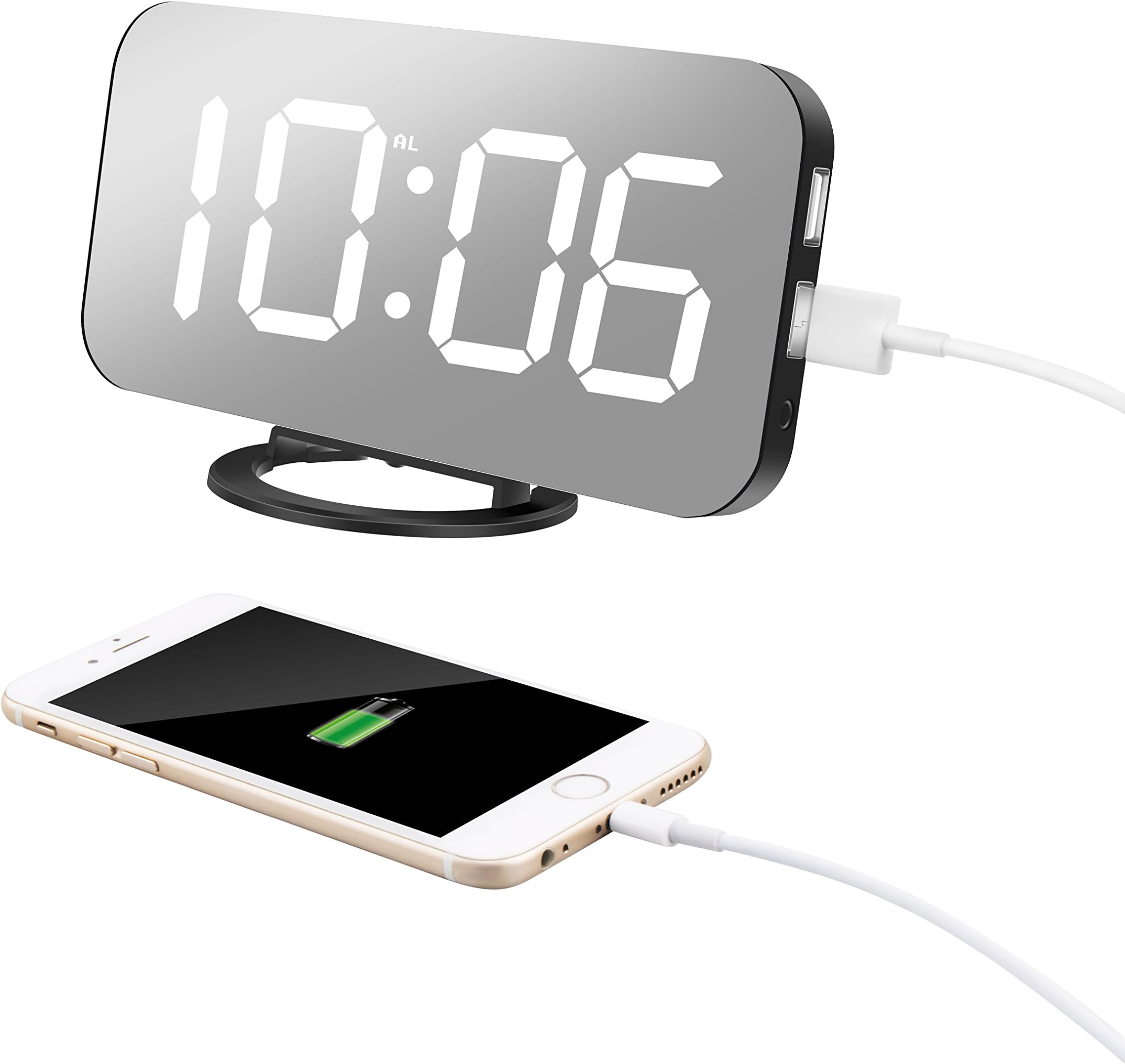 TISSA [Upgraded] Alarm Clock with Dual USB Charging Ports, 6.5" Large Number Digital Alarm Clock with Adjustable Brightness, Big Snooze, Mirror Surface for Bedroom Living Room Decor
