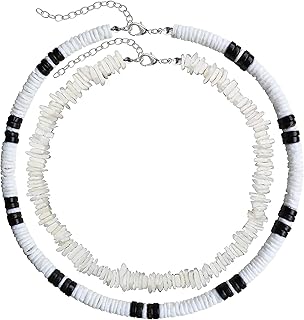 White Clam Chips Puka Shell Surfer Necklace Collar Choker Puka Shells Necklace with Coconut Wood Beads with Extended Chain...