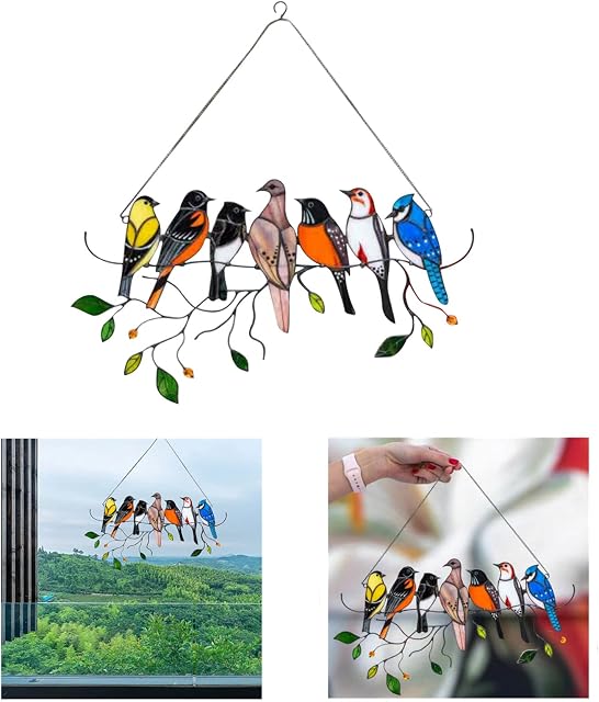 Kisbeibi Window Hanging Birds, Stained Glass Birds, Multicolor Birds on a Wire, Wall Cartoon Birds Pendant Stained Glass Birds,Bird Ornaments Pendant for Home Decoration(size:7 Birds)