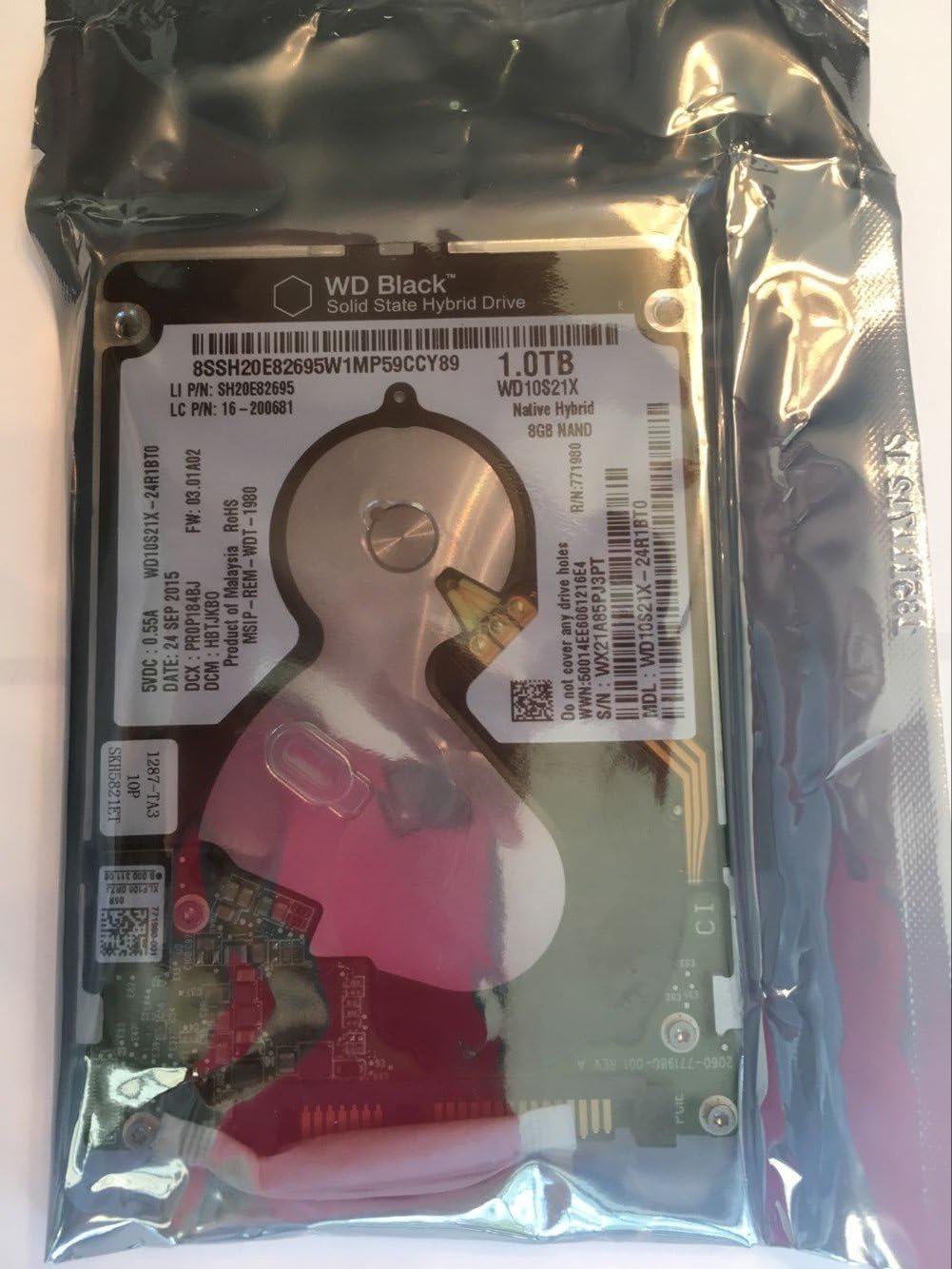 Close-up of Western Digital WD10S21X 1TB SSHD label in packaging