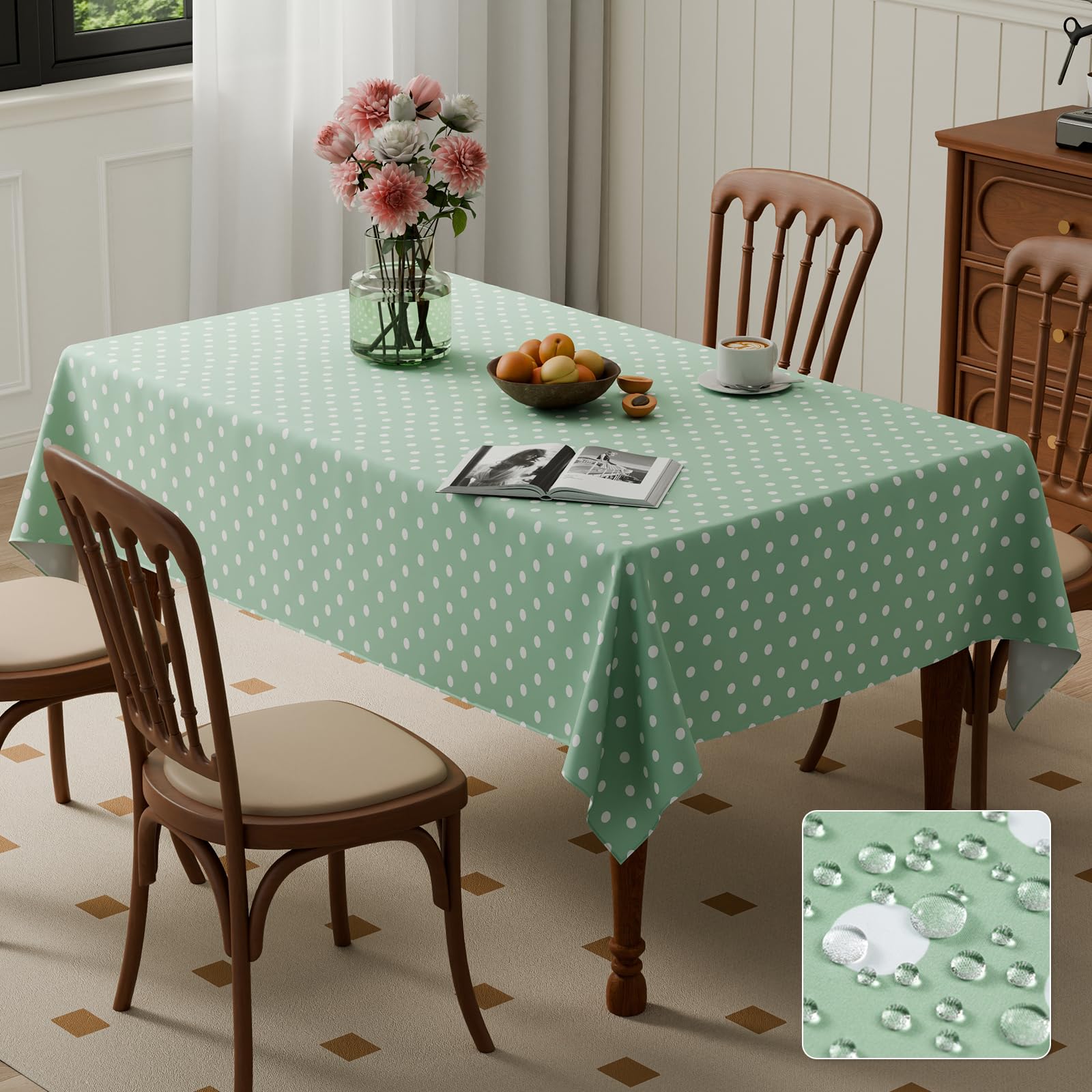 Kmhesvi Large Rectangular Wipe Clean Tablecloth Table Cover 300cm x 150cm Wipeable Water Resistant Polyester Tablecloth, 118x59 Inch Polka Dot Green White