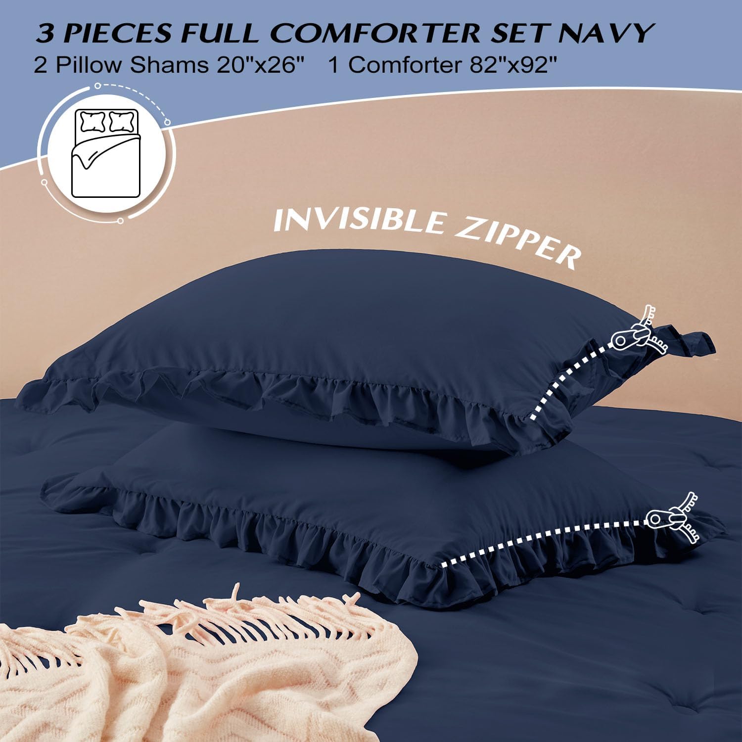 HARBOREST Full Comforter - Navy Ruffle Comforter for Full Size Bed, Fluffy Comforter Set for All Seasons, 3 Pieces Shabby Chic Bedding Set(1 Comforter & 2 Pillow Shams) - Image 6