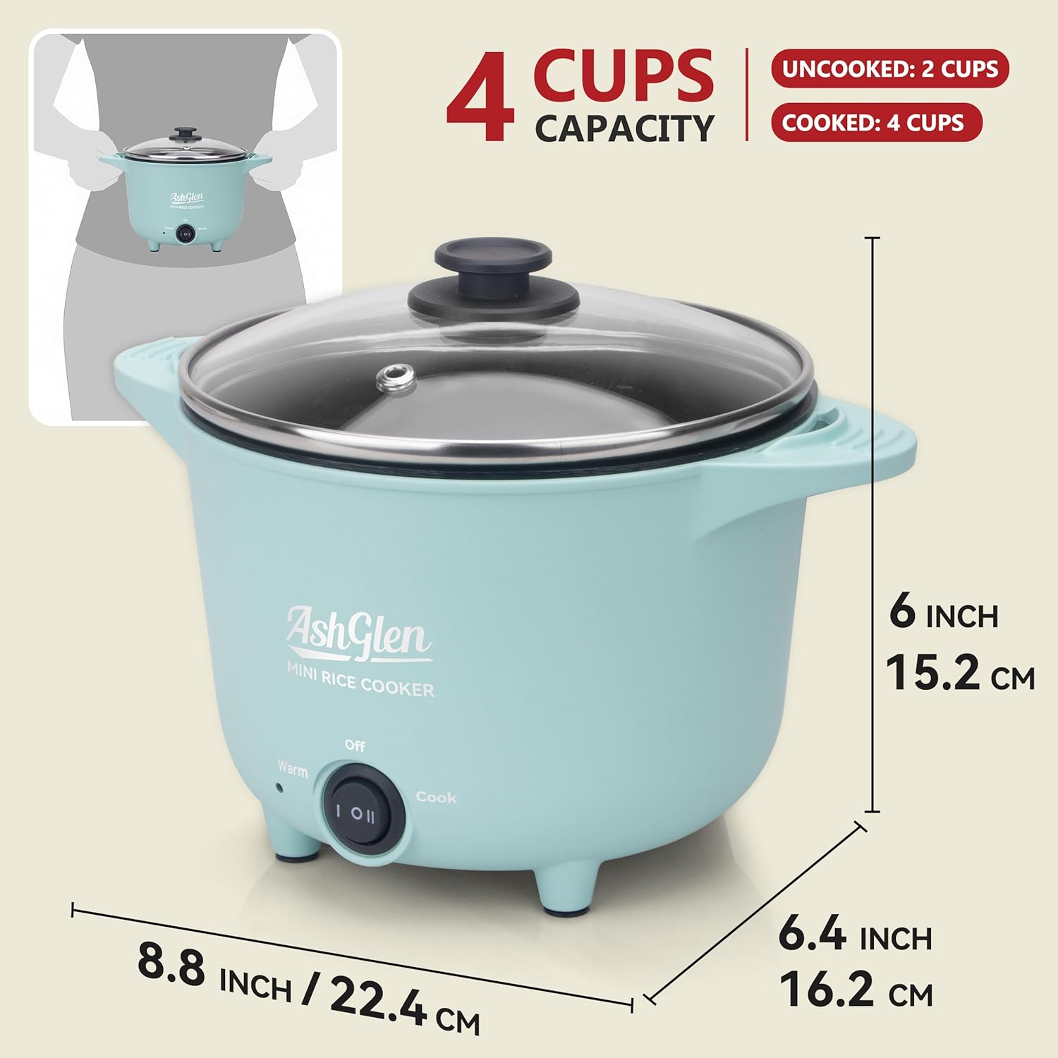 AshGlen Small Rice Cooker 2-Cup uncooked/ 4-Cup Cooked, Mini Hot Pot Electric, Mini Electric Pot, Ceramic Rice Cooker, Small Rice Steamer, Noodle & Oatmeal Cooker, Dual Modes, Single Serve, Aqua