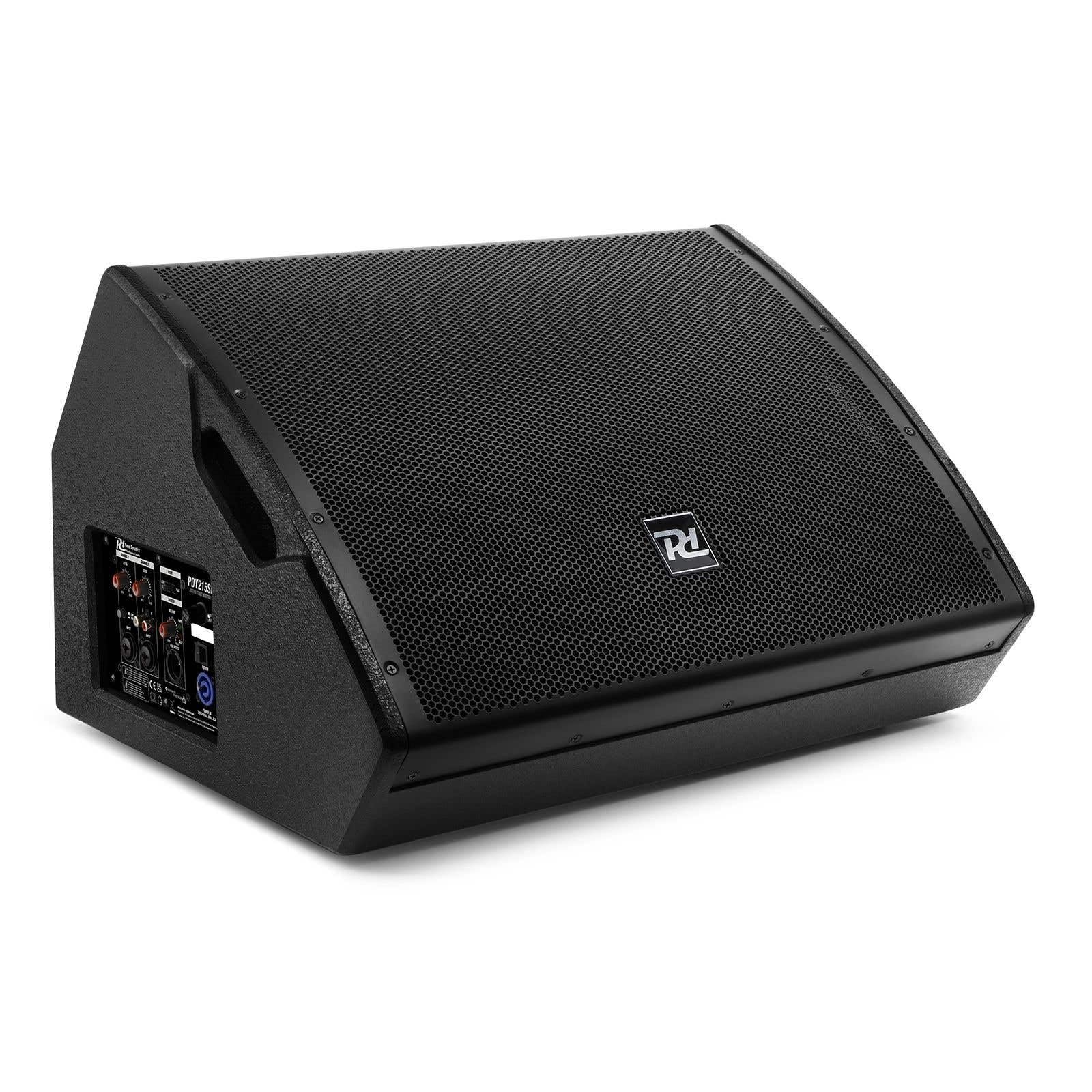 Power Dynamics PDY215SM Boden Monitor 800 Watt, aktiver Bühnen Monitor, Active Stage Lautsprecher- 400W RMS Bi-Amp 2-Way Wedge Speaker, integriertem Mixer für Live-Musik & DJ-Auftritte, Schwarz