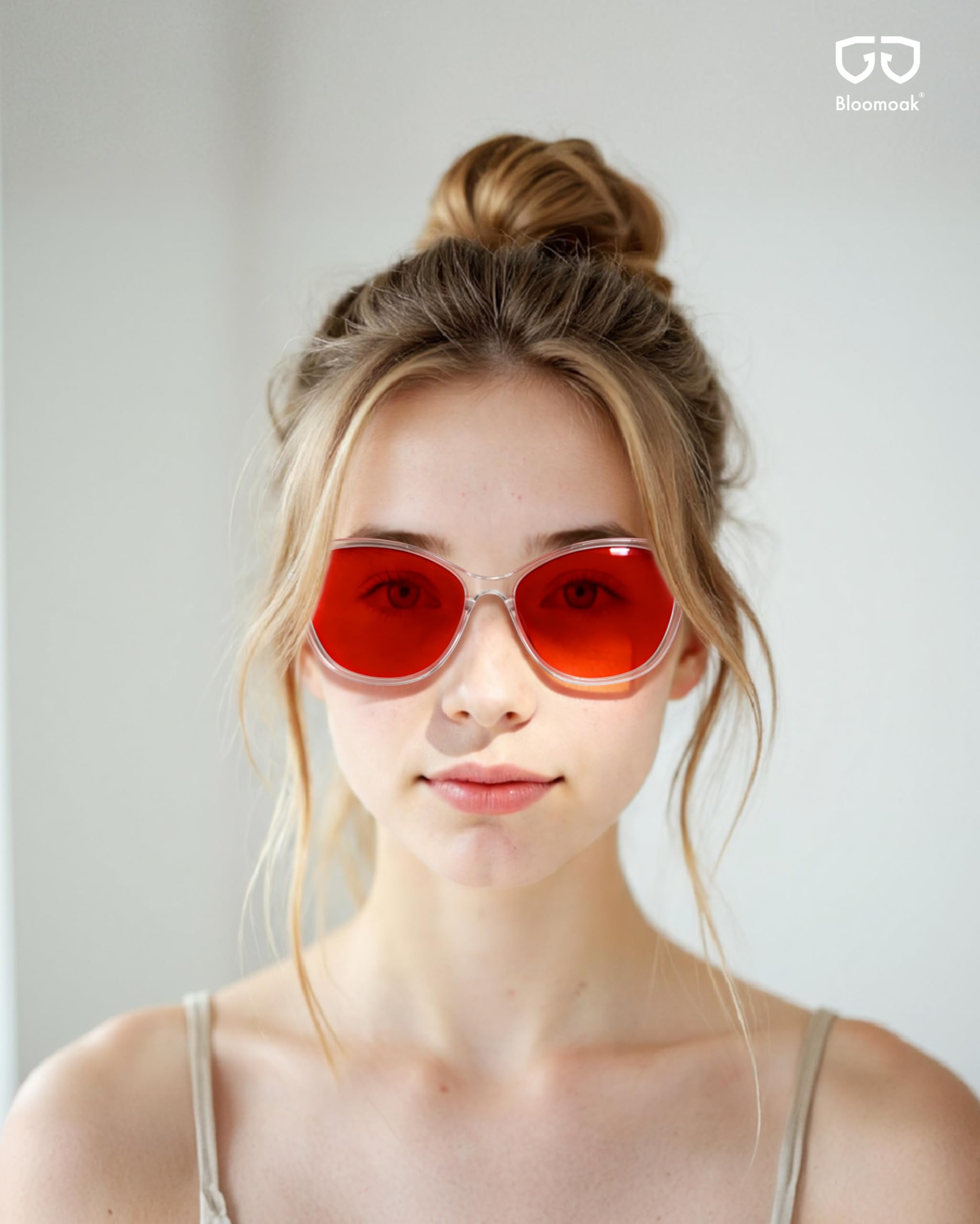 Bloomoak Gafas para Dormir con Lente Rojo Oscuro, Montura Cat Eye Grande y Elegante, Bloqueo 100% de Luz Azul y Verde, Antifatiga Ocular para Mujer (Marco transparente) - 5