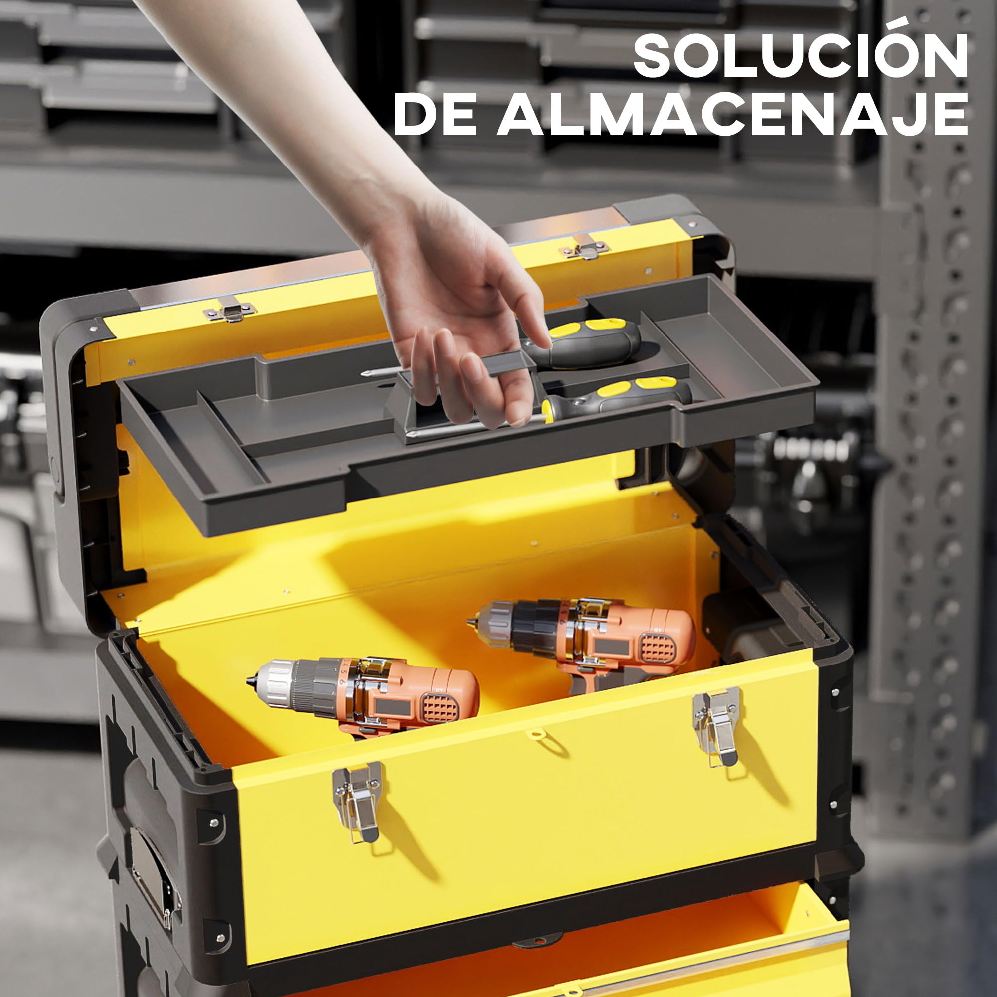 HOMCOM Tallar Móvil Apilable 3 en 1 Caja de Herramientas con Ruedas Carro de Herramientas de Acero con Bandeja Mango Telescópico Amarillo y Negro