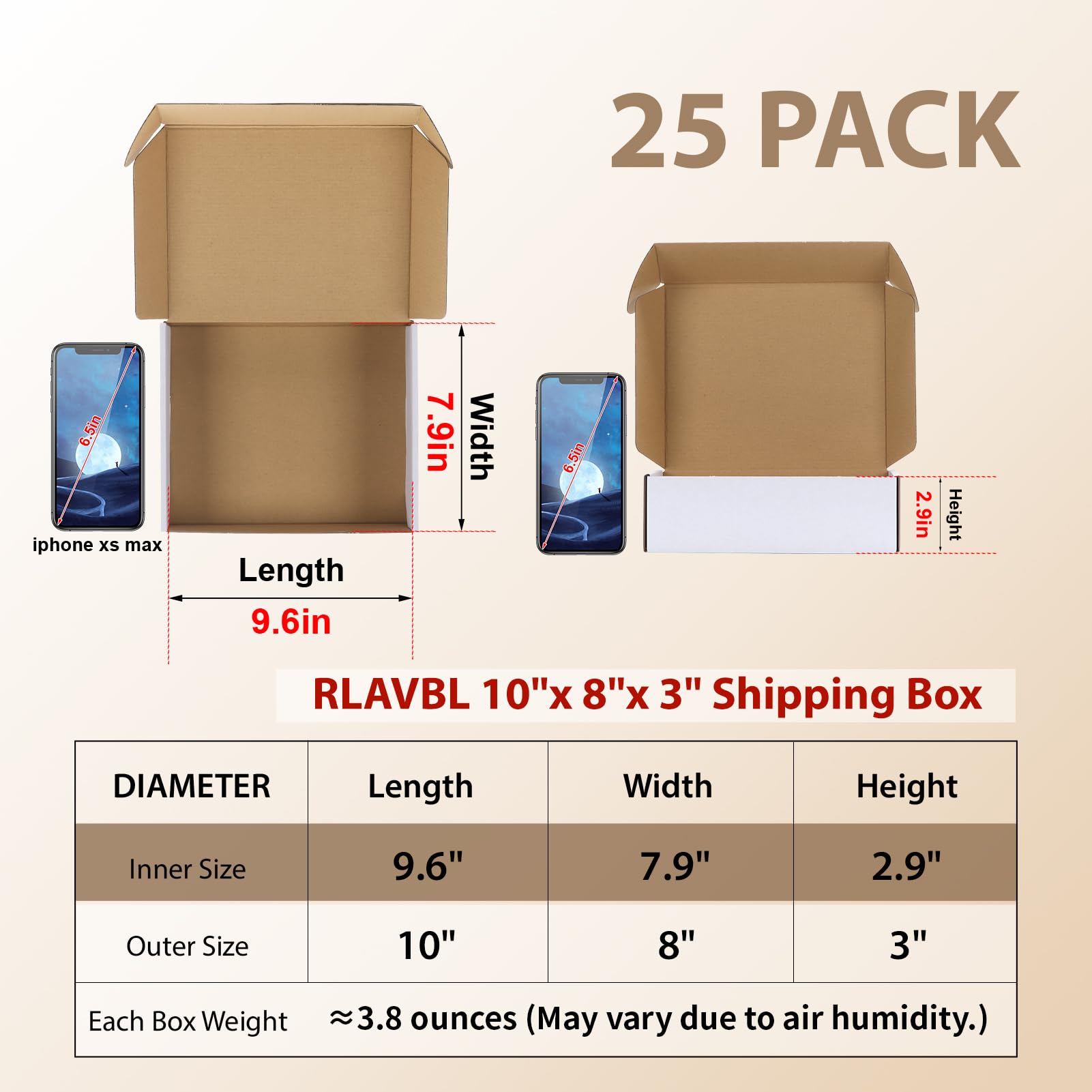 RLAVBL 10x8x3 Shipping Boxes Set of 25, White Corrugated Cardboard Box for Packing, Mailing, Business