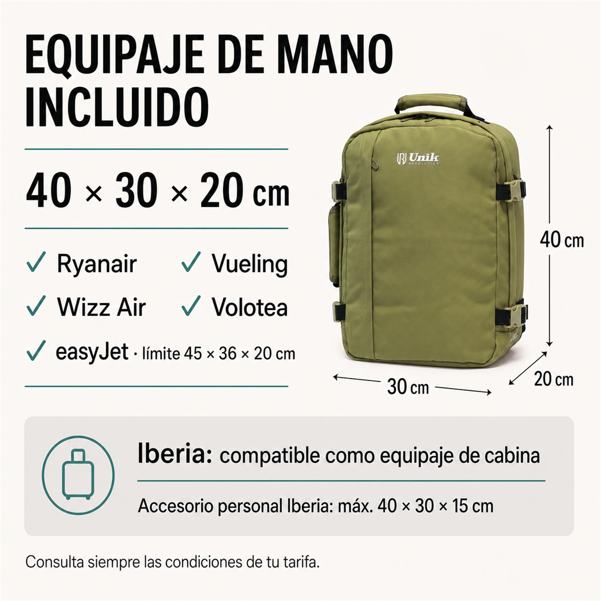 Aero Fit Mochila de Cabina 40x30x20 – Equipaje de Mano GRATIS en Ryanair, Vueling y Wizz, 28 L, Solo 650 g, Bolsillo para Portátil y Botella, Bajo el Asiento – Verde Oliva