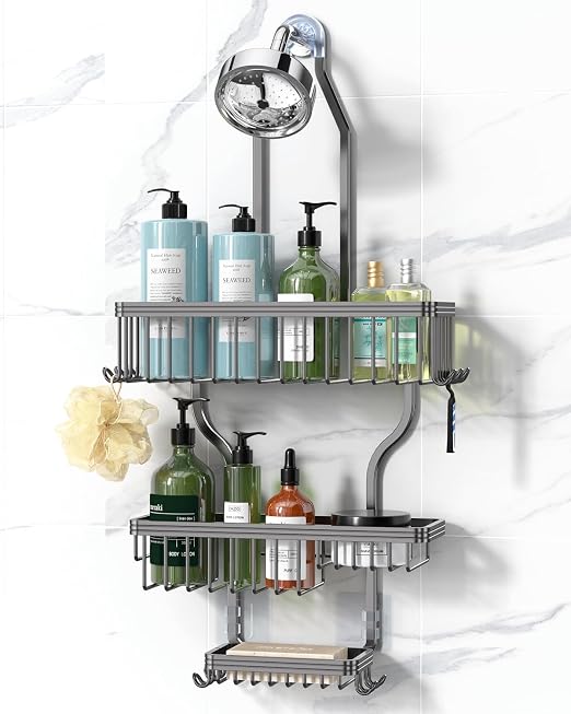 YASONIC Shower Caddy - Never Rust Aluminum Organizer - Over Shower Head with 10 Hooks & Soap Basket - White