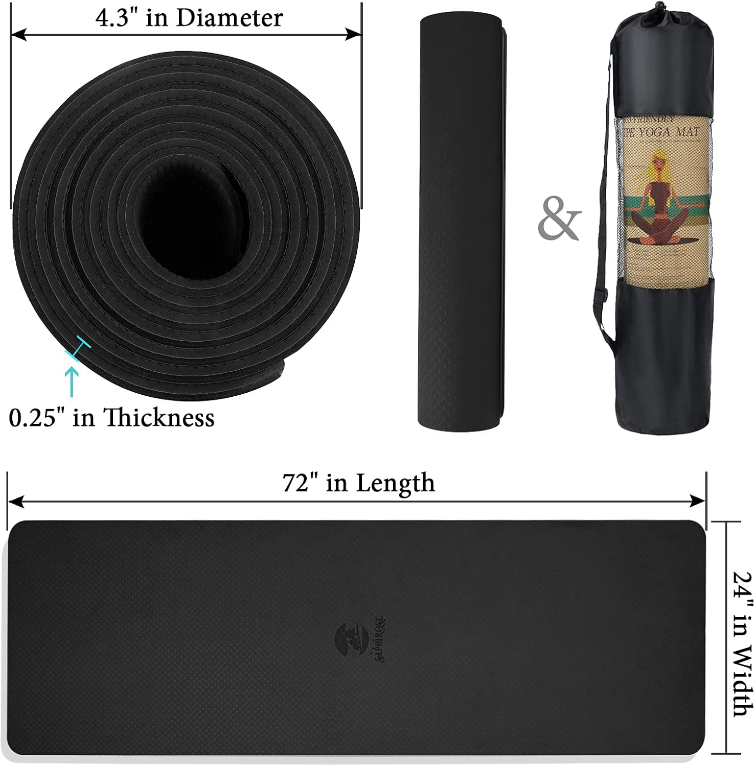 Non Slip Yoga Mat with Alignment Lines TPE Home Fitness Eco Friendly Exercise & Workout Mat with Carrying Strap Types of Yoga (Black) : Sports & Outdoors