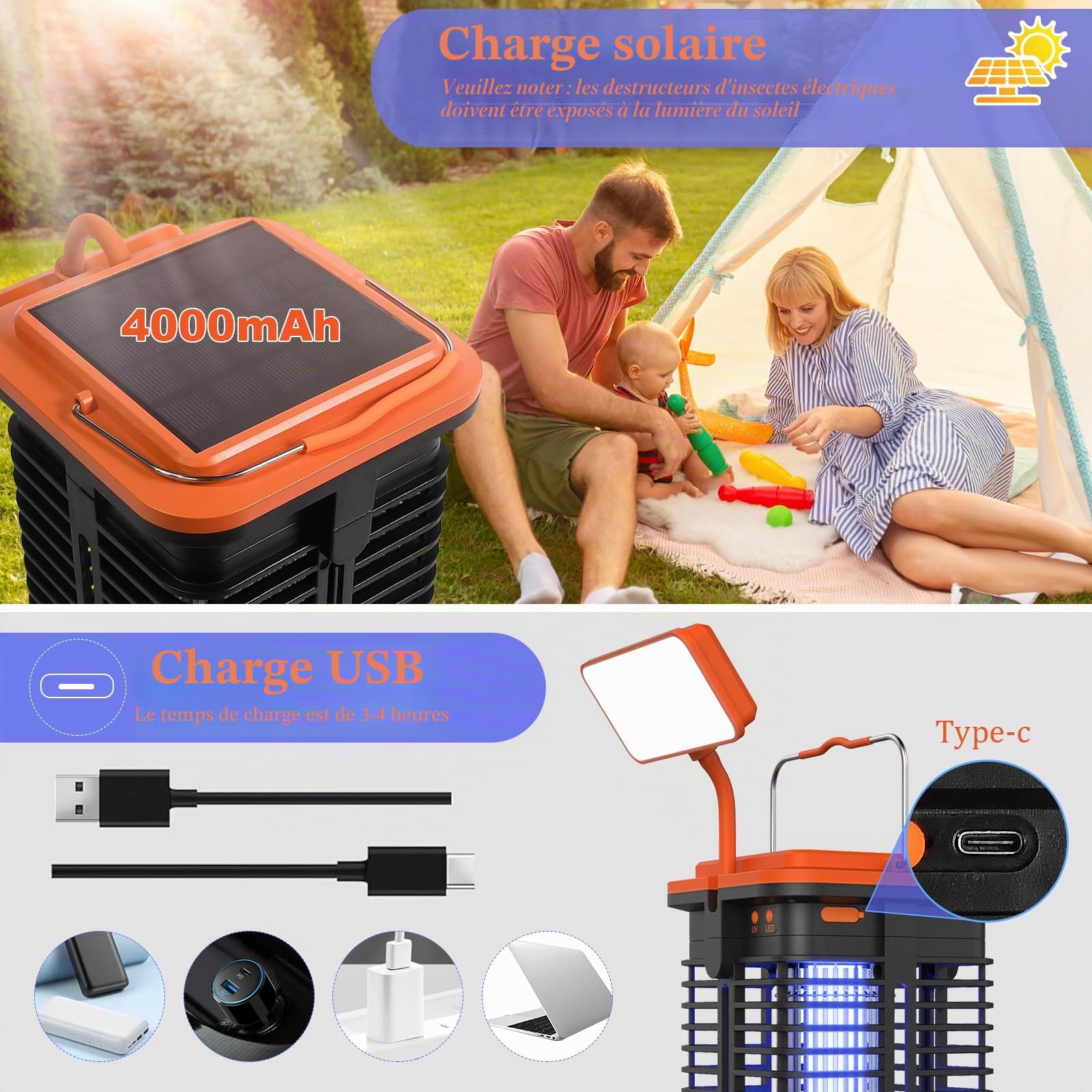 Lampe Anti Moustique Solaire avec LED Lumière, 4000mAh Lampe Anti Moustique Electrique Interieur, Solaire et Rechargeable par USB Lampe UV Anti Moustique Exterieur pour Bureau Chambre Camping