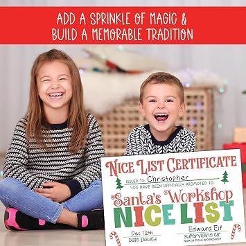 m&h invites Nice List Certificate Christmas Cards For Kids - Santas Workshop Elf North Pole Cards - 50 Count