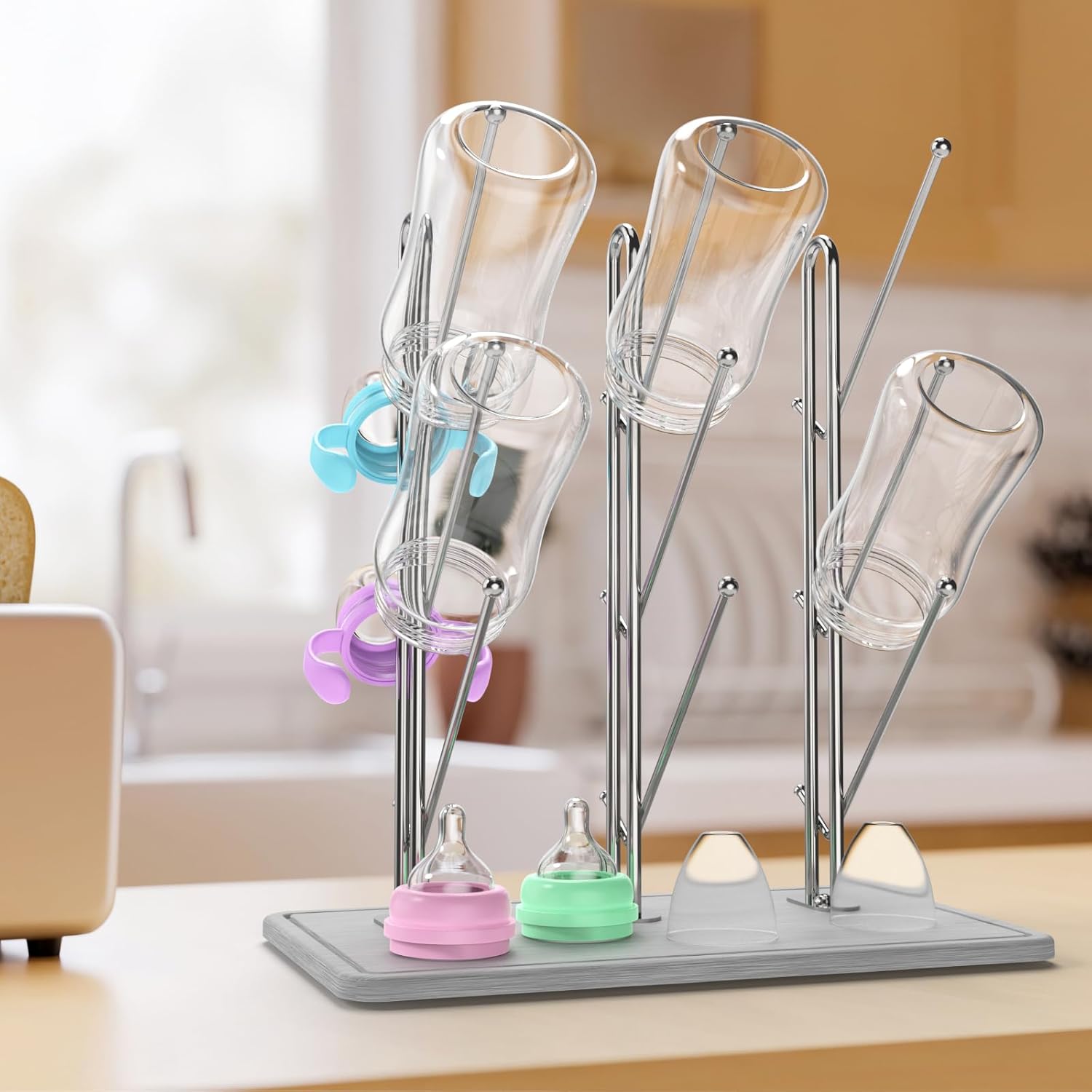 NiHome Baby Bottle Drying Rack with Diatomite Base & Stainless Steel Frame, Foldable Countertop Organizer Holds 9 Bottles, Space-Saving Stand for Water Bottles, Lids, Reusable Bags & More