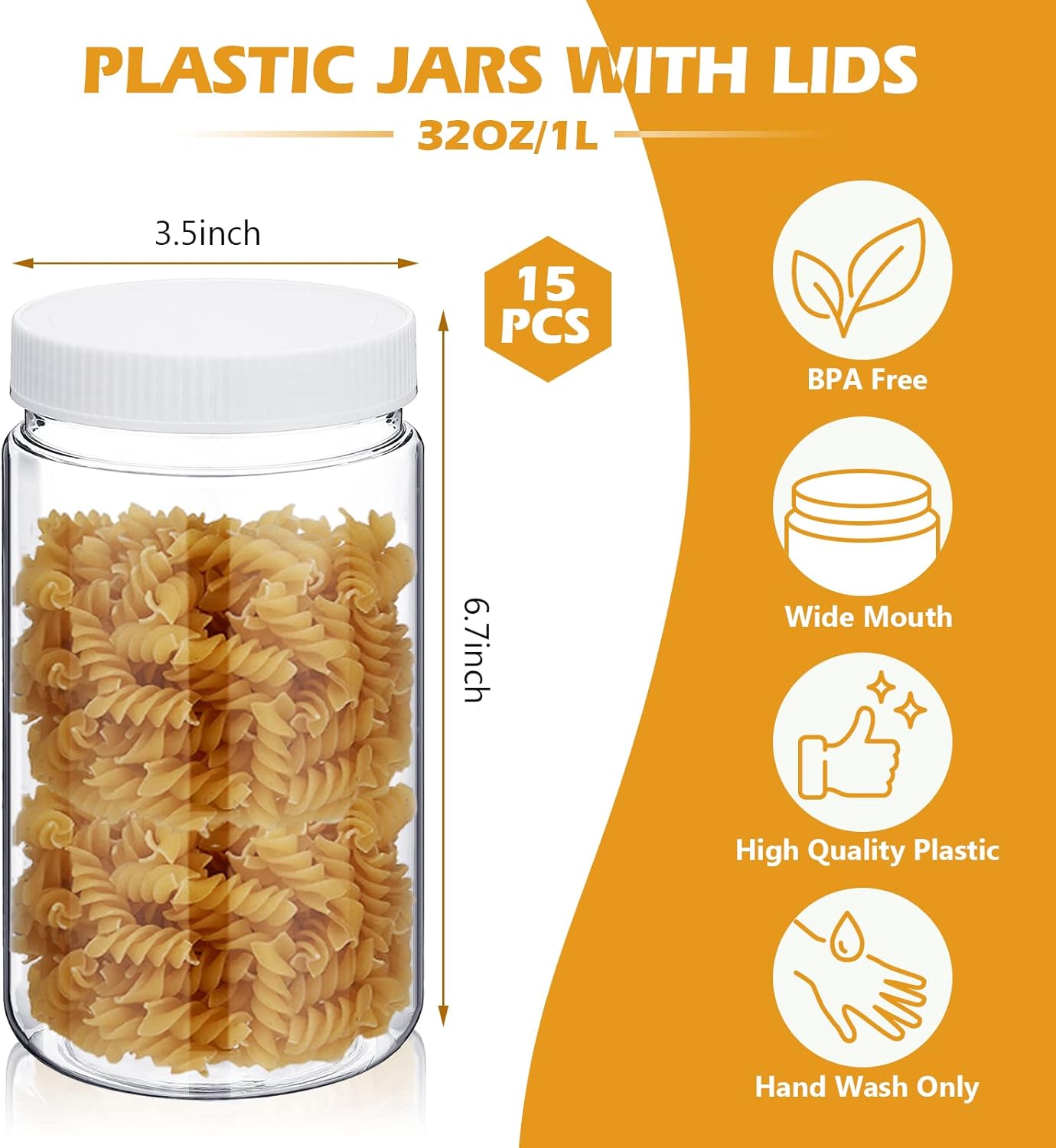 Eaasty 15 Pack 32 oz Plastic Jars with Lids Clear Mason Jars Large Storage Container Wide Mouth Empty Bulk for Home Food Candy Organizing Kitchen(White)