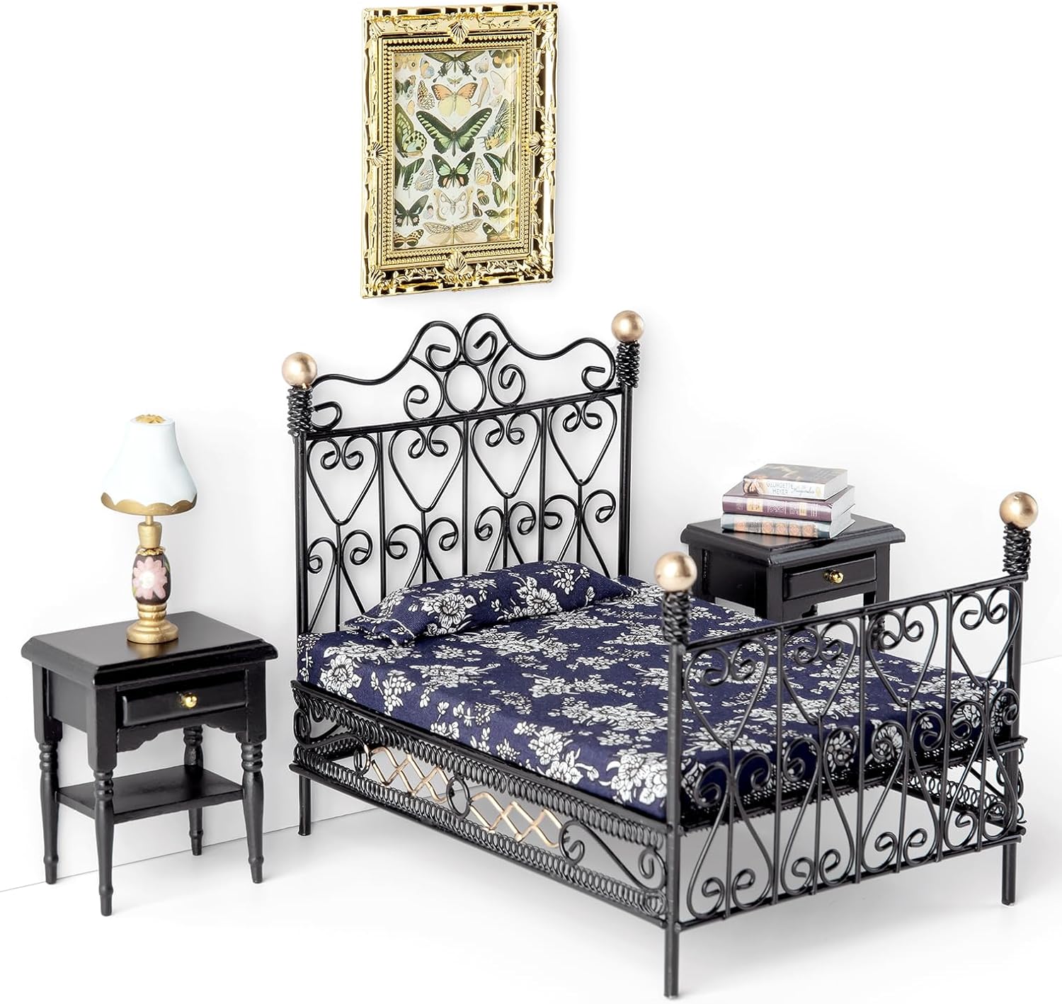 8Pcs 1:12 Dollhouse Bedroom Furniture Set Miniature Black Metal Bed with Bedding, Wooden Bedside Table, Lamp, Books, Murals for Master Bedroom Dollhouse Furniture Decorations Accessories