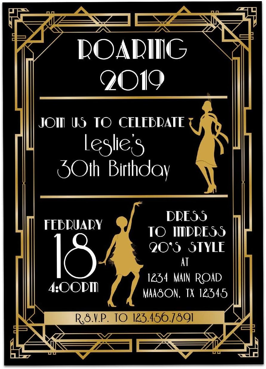 Roaring 20s Birthday Invitations - Flappers Gold Black Party Invites -Any Event Art Deco, Personalized with Envelopes