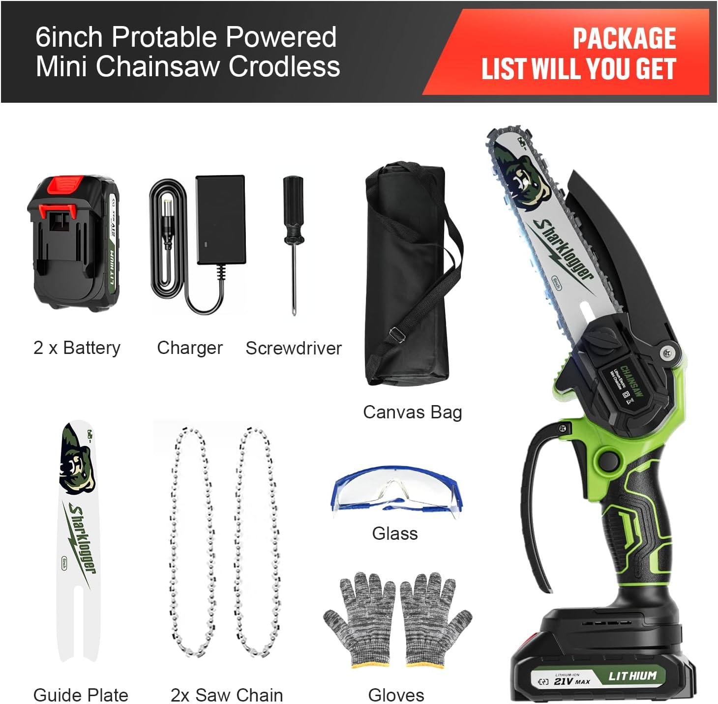 Mini Chainsaw, 6-inch Cordless Electric Small Chainsaws, Portable Handheld Chain Saw for Tree Pruning Shears Garden Maintenance, Best Fathers Day Gift for Men Dad Husband(Green-1 Battery)