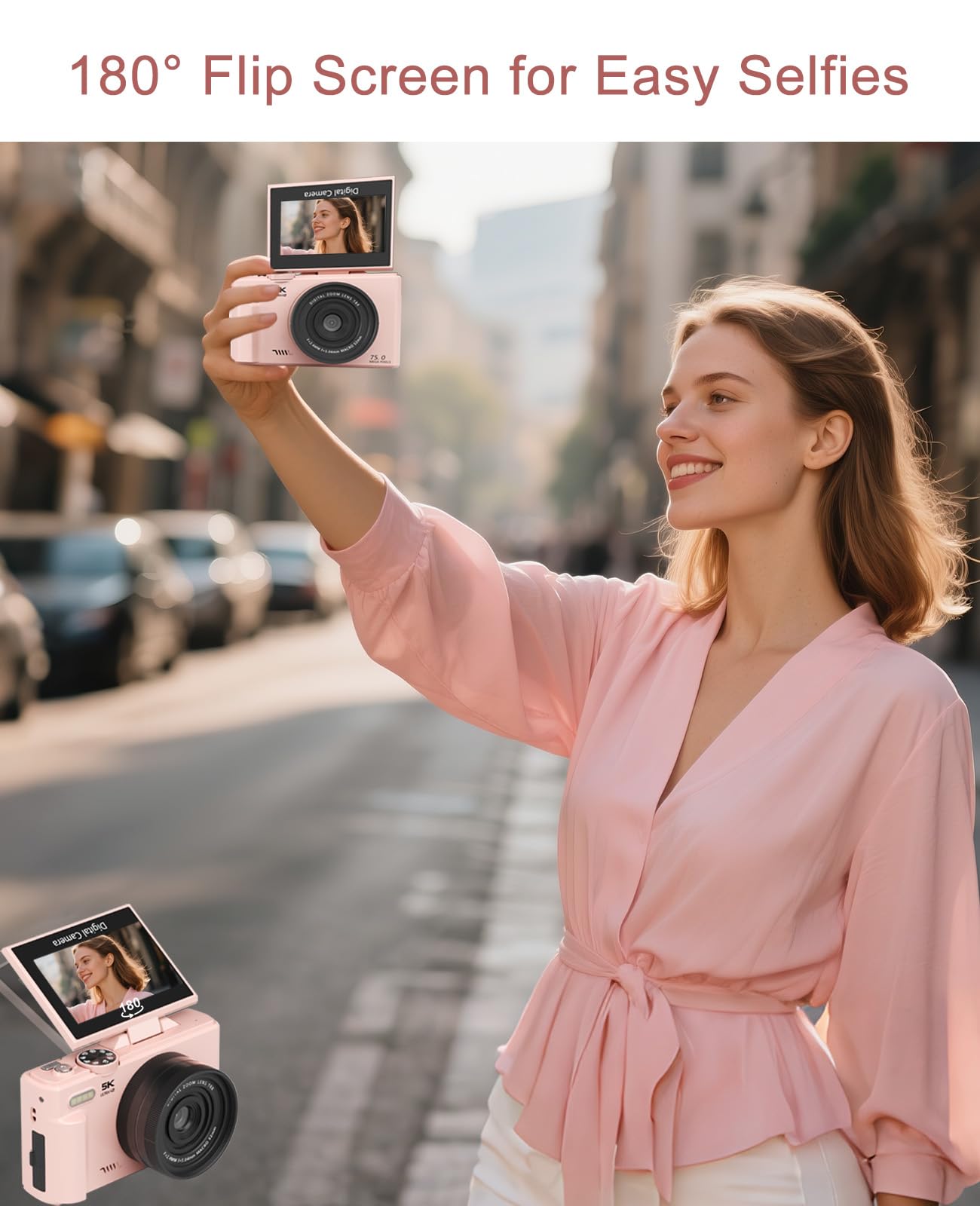 FLATIC Digital Camera, 5K 75MP Cameras for Photography with WiFi & 64GB TF Card, Autofoucs Vlogging Camera for YouTube with 180° Flip Screen, Compact Vlog Travel Camera Kit for Beginner, Teens, Pink