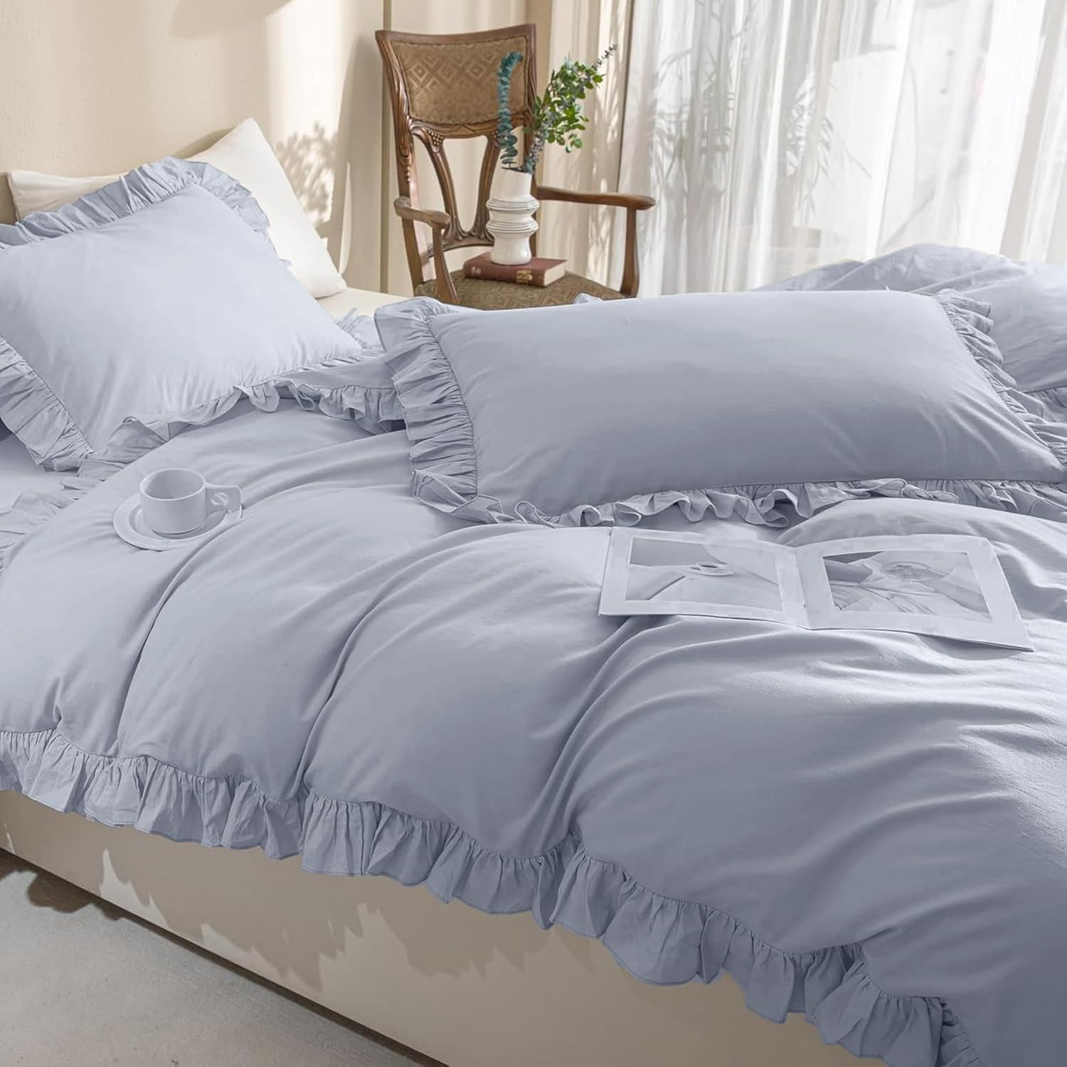 QSH Washed Cotton Ruffle Duvet Cover King Size,3 Pieces Cornflower Blue Farmhouse Vintage Shabby Comforter Cover Linen Feel French Country Rustic Bedding Set Soft Breathable Quilt Cover Set