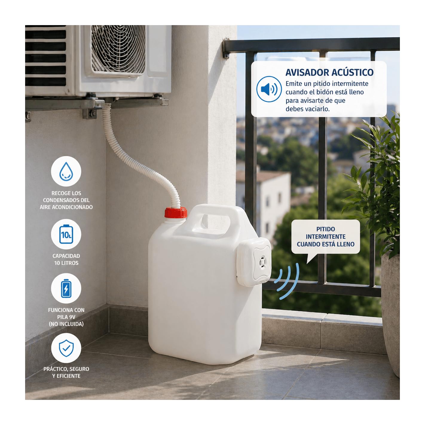 Garrafa de 10L para Condensados de Aire Acondicionado con Avisador Acústico de Llenado - Bidón PVC Resistente con Asa y Alarma de Nivel.
