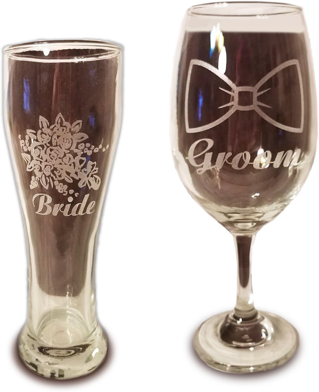 Laser Engraved Bride and Groom Glasses - 20 oz Wine Glass and 15 oz Beer Pilsner Glass - Wedding Toasting Set of 2 - Couples Gifts - Engagement Gift - Original Wedding Gifts - Custom Wedding