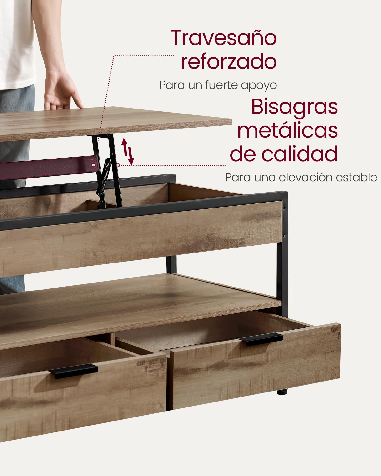 VASAGLE Mesa de Centro Elevable, Mesa de Salón, con Cajones de Almacenamiento, Compartimentos Ocultos y Estante Abierto, 50 x 100 cm, Marrón Camello y Negro Tinta LCT209K02