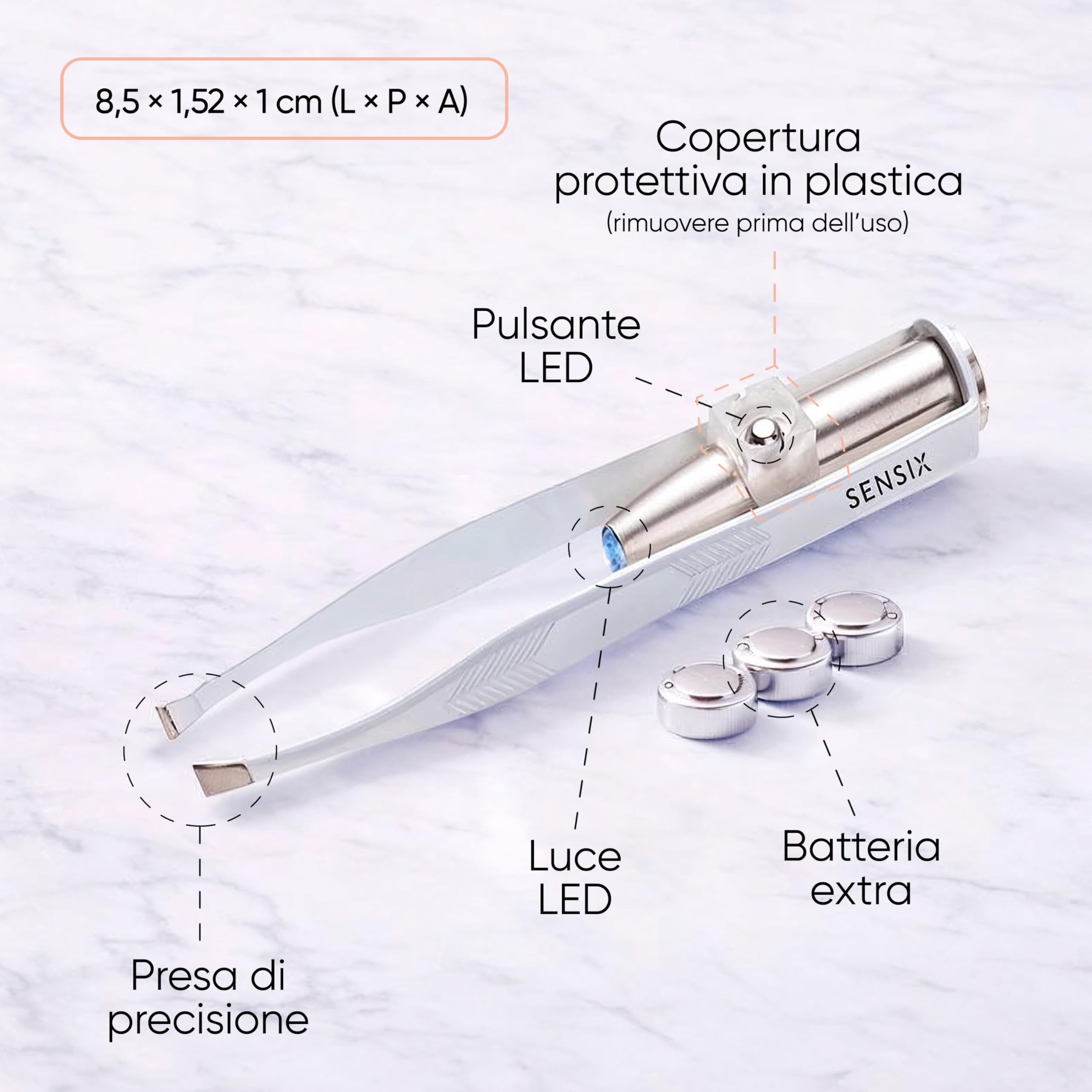 Sensica Pinzette Sopracciglia con Luce LED Professionali – Pinzette di Alta Precisione a Punta Obliqua in Acciaio Inox, Pinzette Luminose per Peli Incarniti e Viso, Idea Regalo Donna