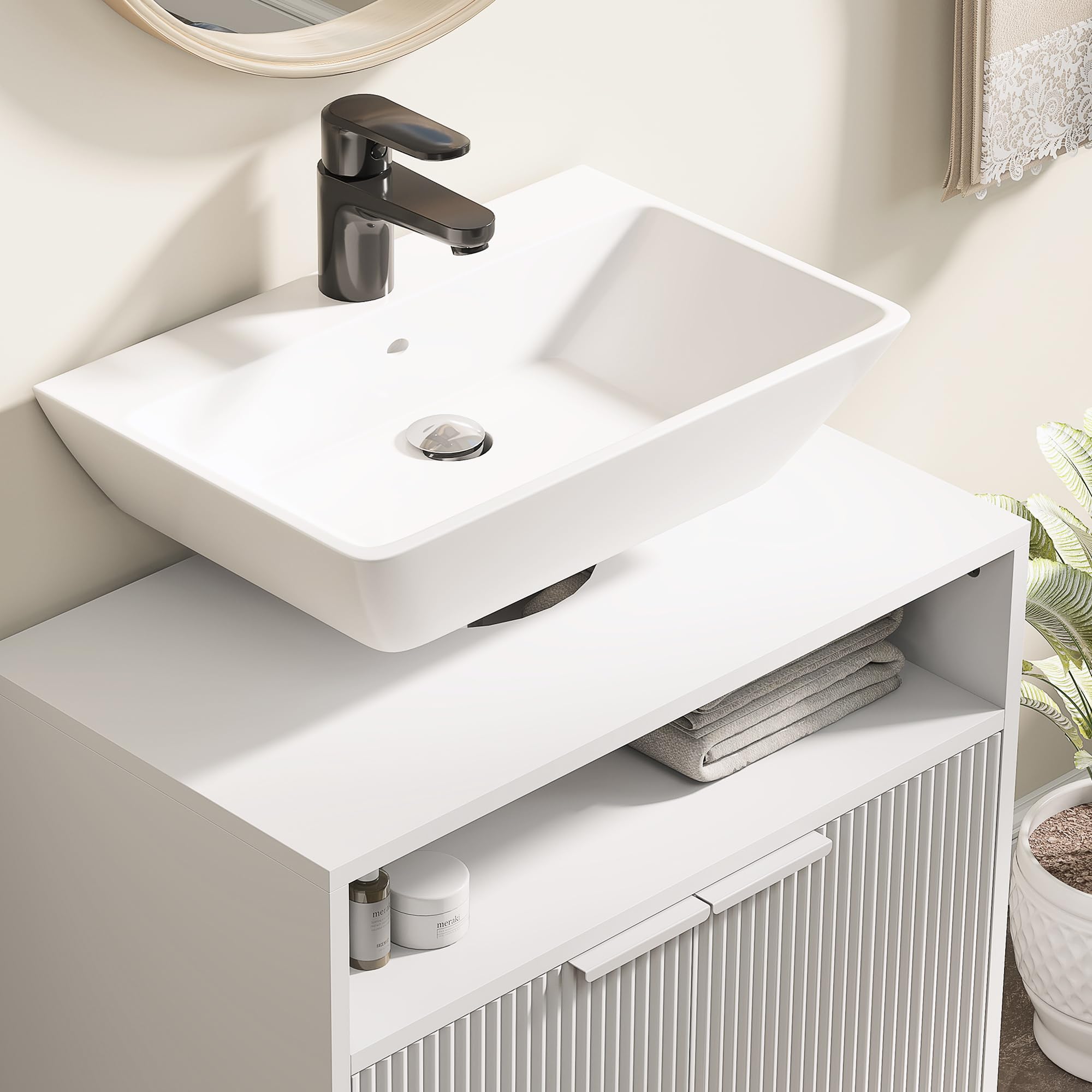 HOMCOM Mueble bajo Lavabo con 2 Puertas Acanaladas 60x33x63 cm Blanco | Mueble de Baño, Compartimento Abierto, Armario de Baño para Lavabo sin Pedestal, Estilo Moderno