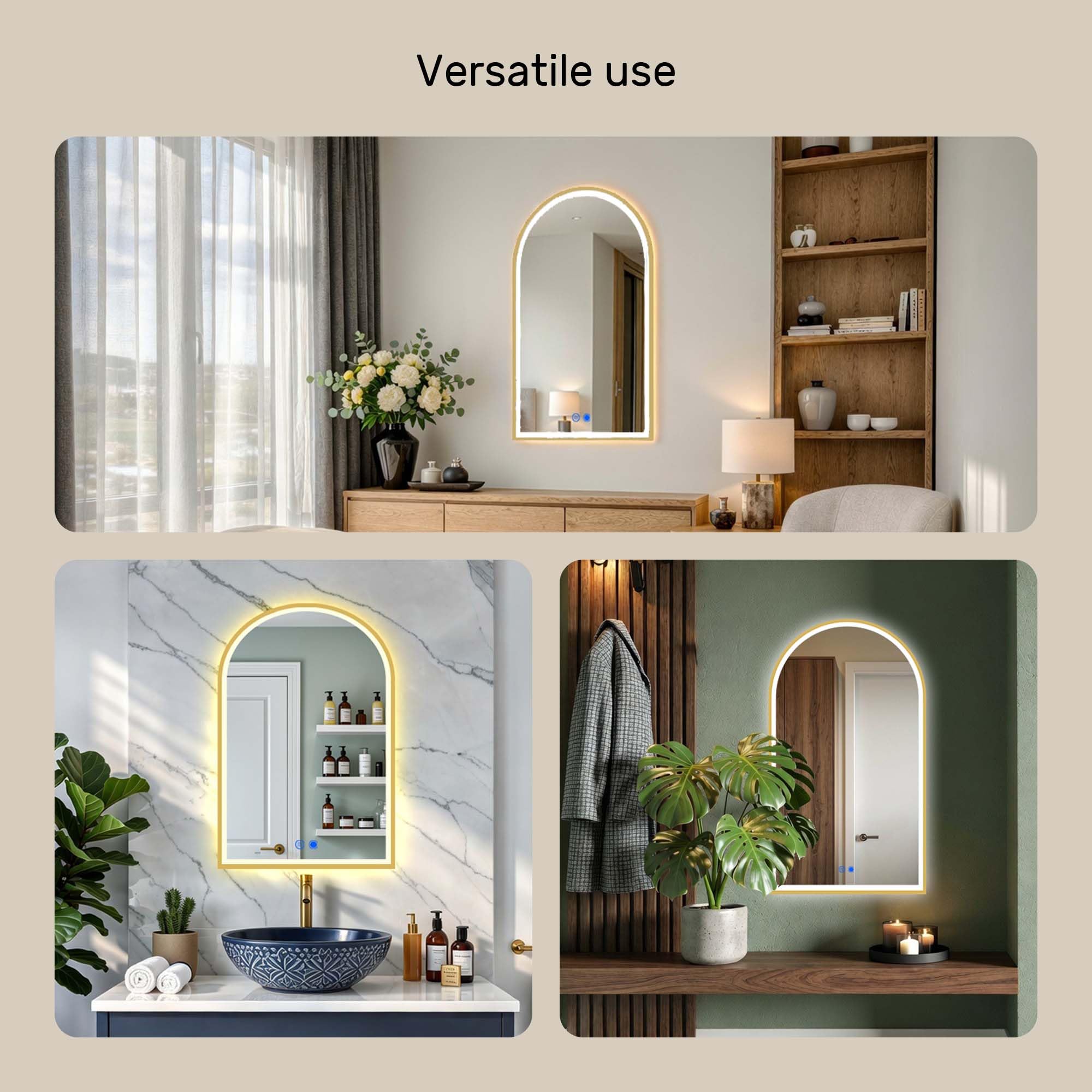 A ARTFORMA Espejo de Baño con luz Iluminación LED, Marco Oro Cepillado – 70x100 cm – Elíptico - Interruptor táctil, Intensidad Regulable 10-100%, Temperatura de Color Regulable, Estera de Calefacción