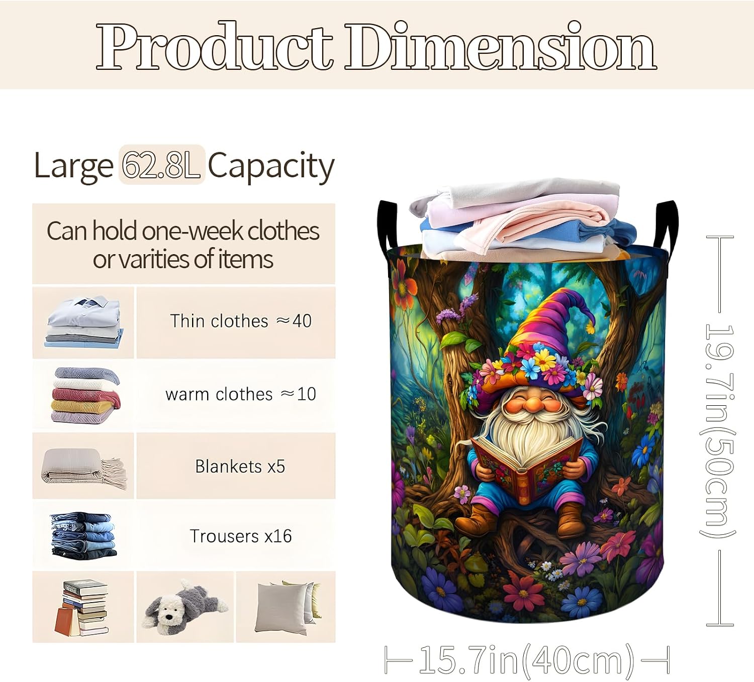Cute Reading Gnome Laundry Basket 19.7"x15.7" Gifts for Women Girls, Collapsible Dirty Clothes Waterproof Fantasy Forest Flower Laundry Hamper Organizer Storage Bin for Dorm Bathroom Decor image 3