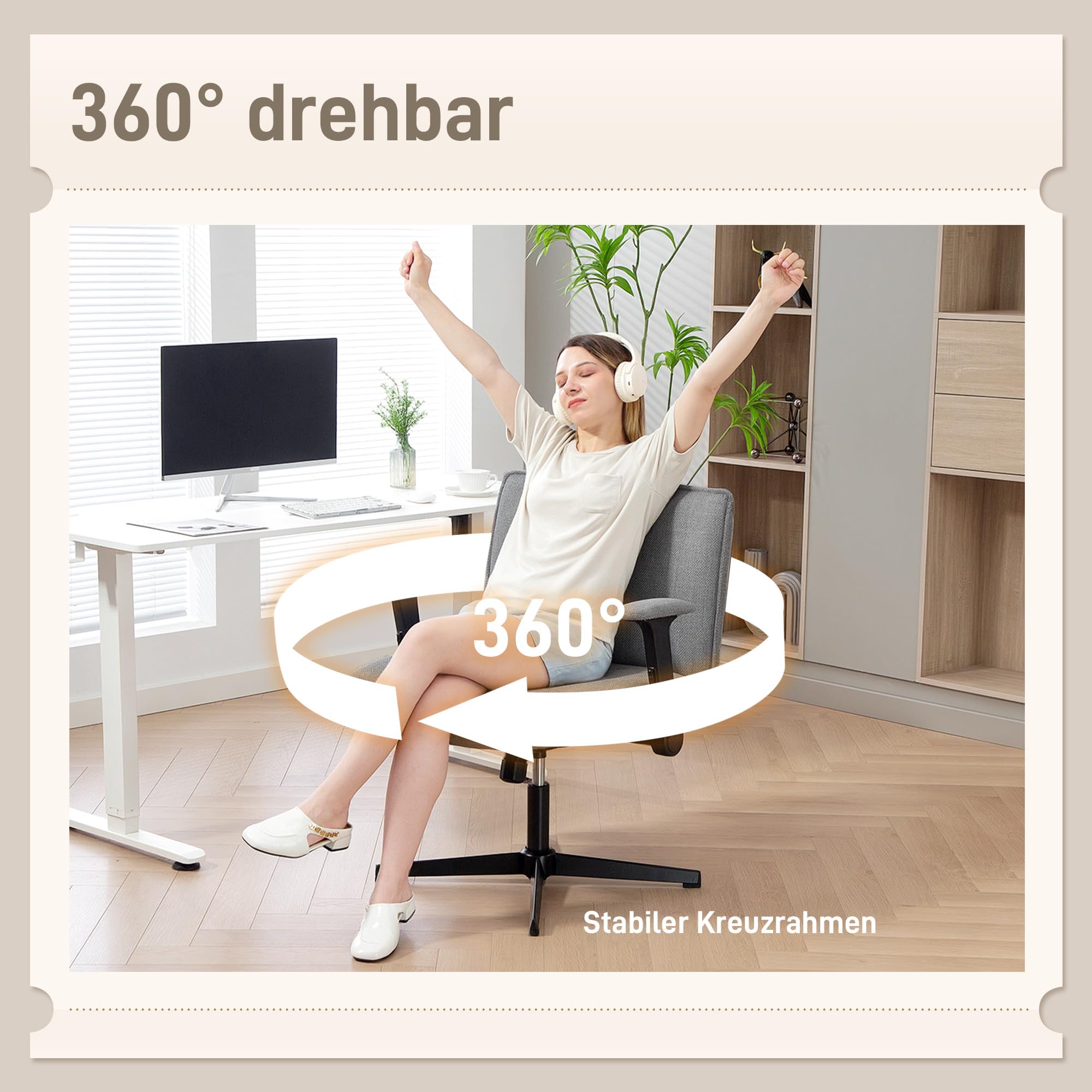HOMCOM Bürostuhl Schreibtischstuhl mit Hochklappbaren Armlehnen Grau | Breite Sitzfläche, Höhenverstellbar, Schneidersitz Stuhl, Drehstuhl, Leinenoptik, für Home-Office
