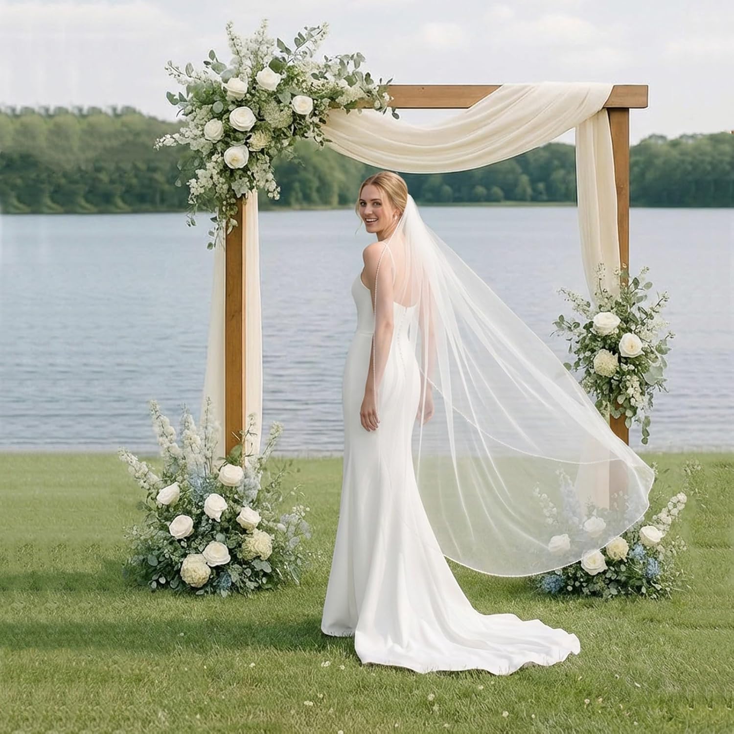 Wedding Veil Pearls and Crystals Beaded Edge 1 Tier Fingertip Length Bridal Veil with Comb