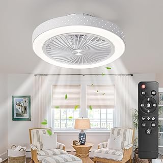Ceiling Fan with Lights Low Profile Flush Mount with Remote Control 3 Wind Speeds Dimmable 3 Colors Iron 19Inch Invisible 8 Bladeless Enclosed White Fan Light for Bedroom Kitchen