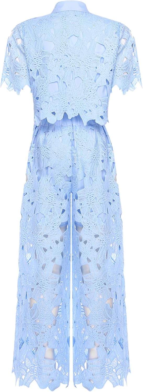 renvena Womens Chiffon Lace Outfit Floral Hollow Out Button Shirt Top Wide Leg Belted Pants 2 Piece Sets