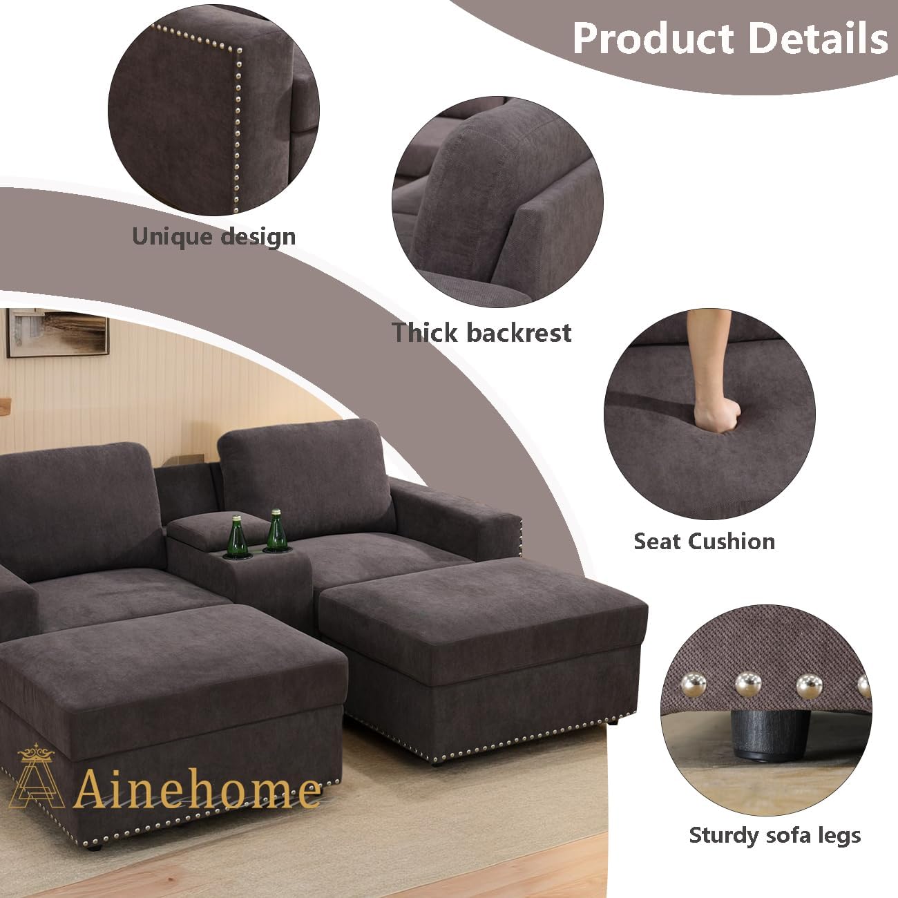A Ainehome Modular Sofa, Sectional Sofa Couch U Shaped Sofa Living Room Furniture Set with Cup Holder Corduroy Couch for Living Room (A-Brown)