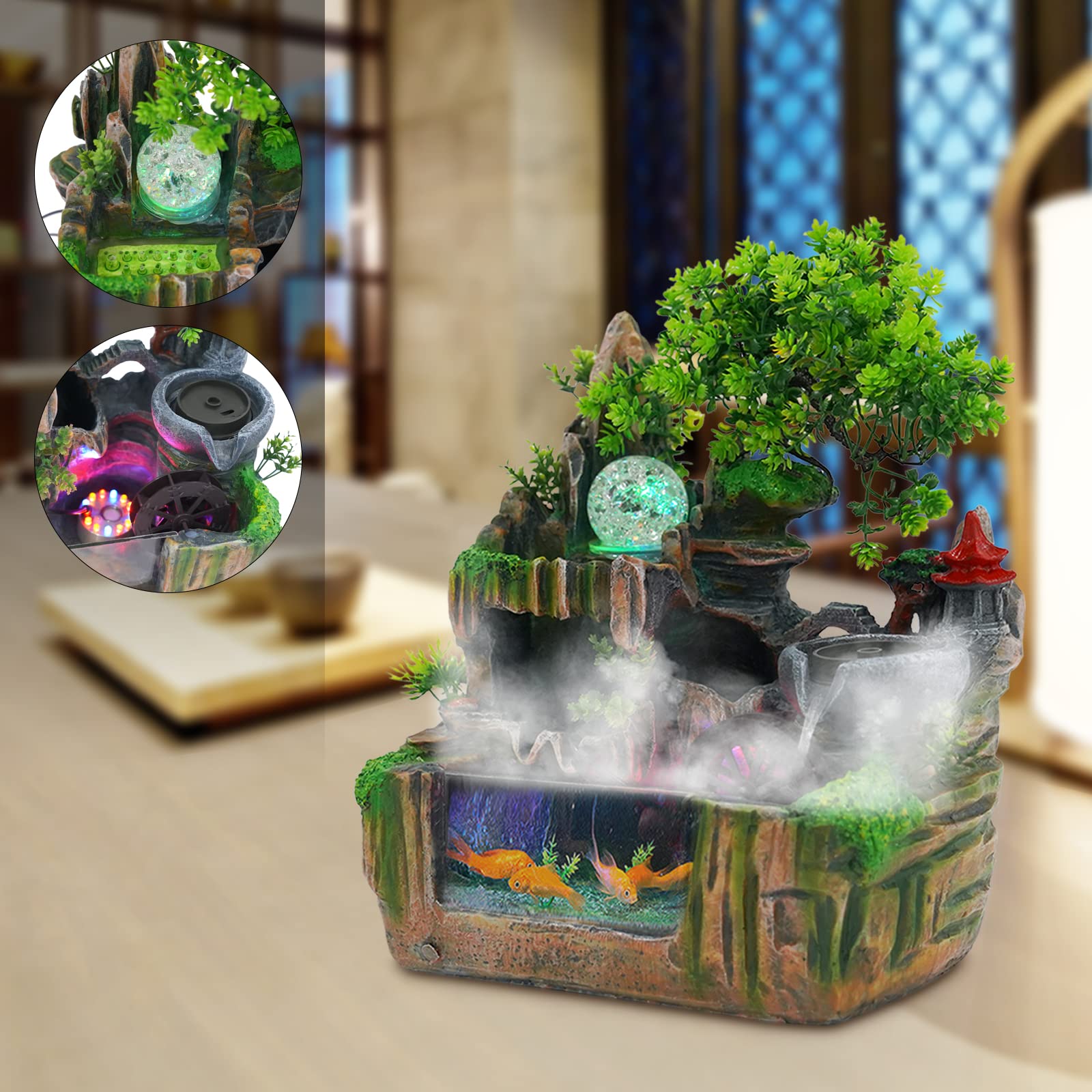 Fuente interior con niebla, LED de cuatro colores, fuentes de mesa fuente de intereses con tarro de pescado, fuente Zen de mesa para casa, oficina