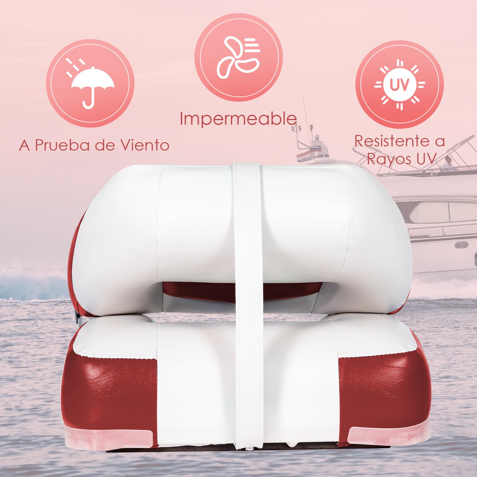 COSTWAY Sillas Plegables para Barco, 2 Asientos para Barco con Tira de Fijación Larga y Tornillos en Acero Inoxidable, Asiento Yate Ergonómicos con Espuma y Bisagras Metálicas (Blanco y Rojo)