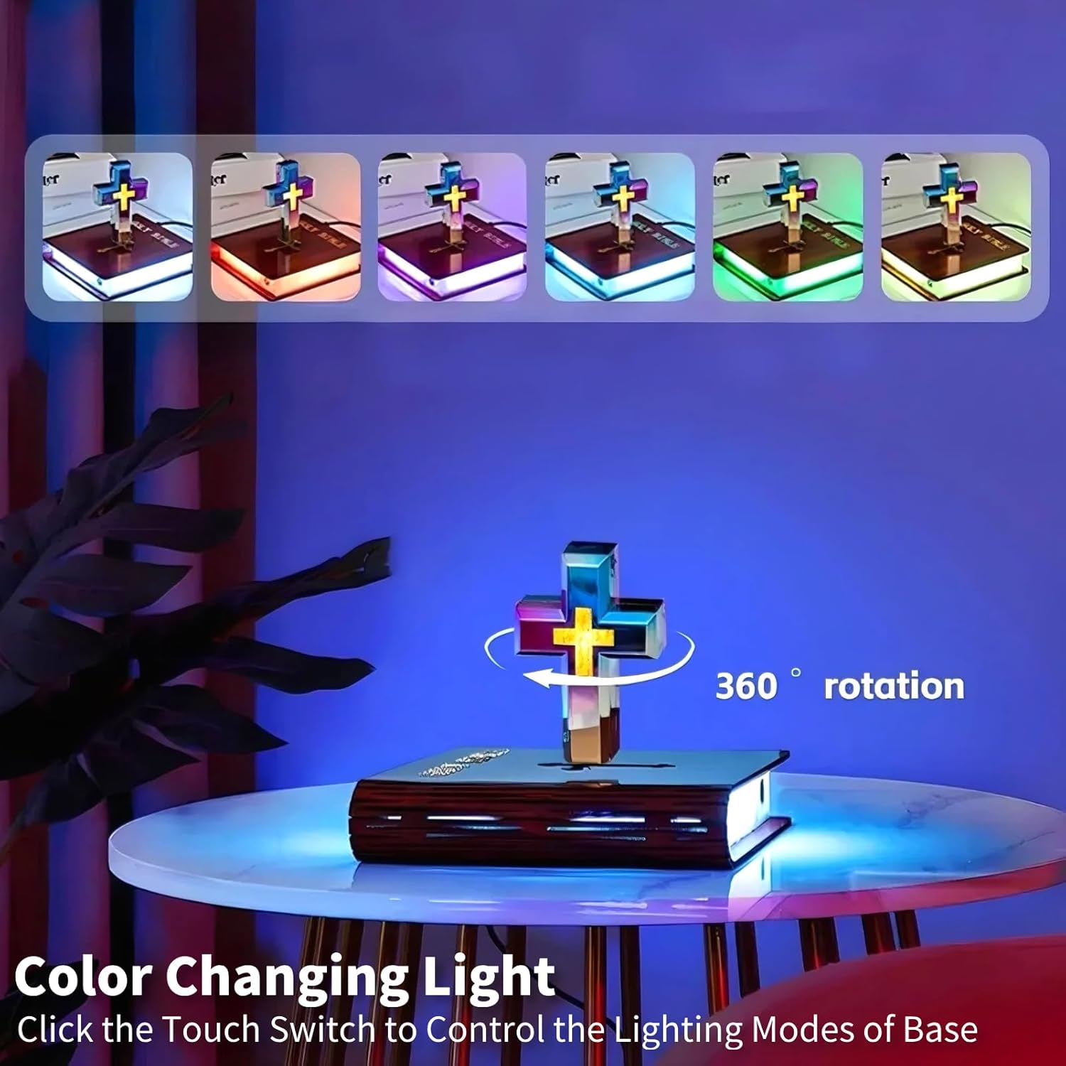 Magnetic Levitation Cross Lamp, 360° Rotating Floating Night Light with Touch Control & Color Changing Base, Stable Levitation Desk Decor for Home Office Bedroom (Book Base)