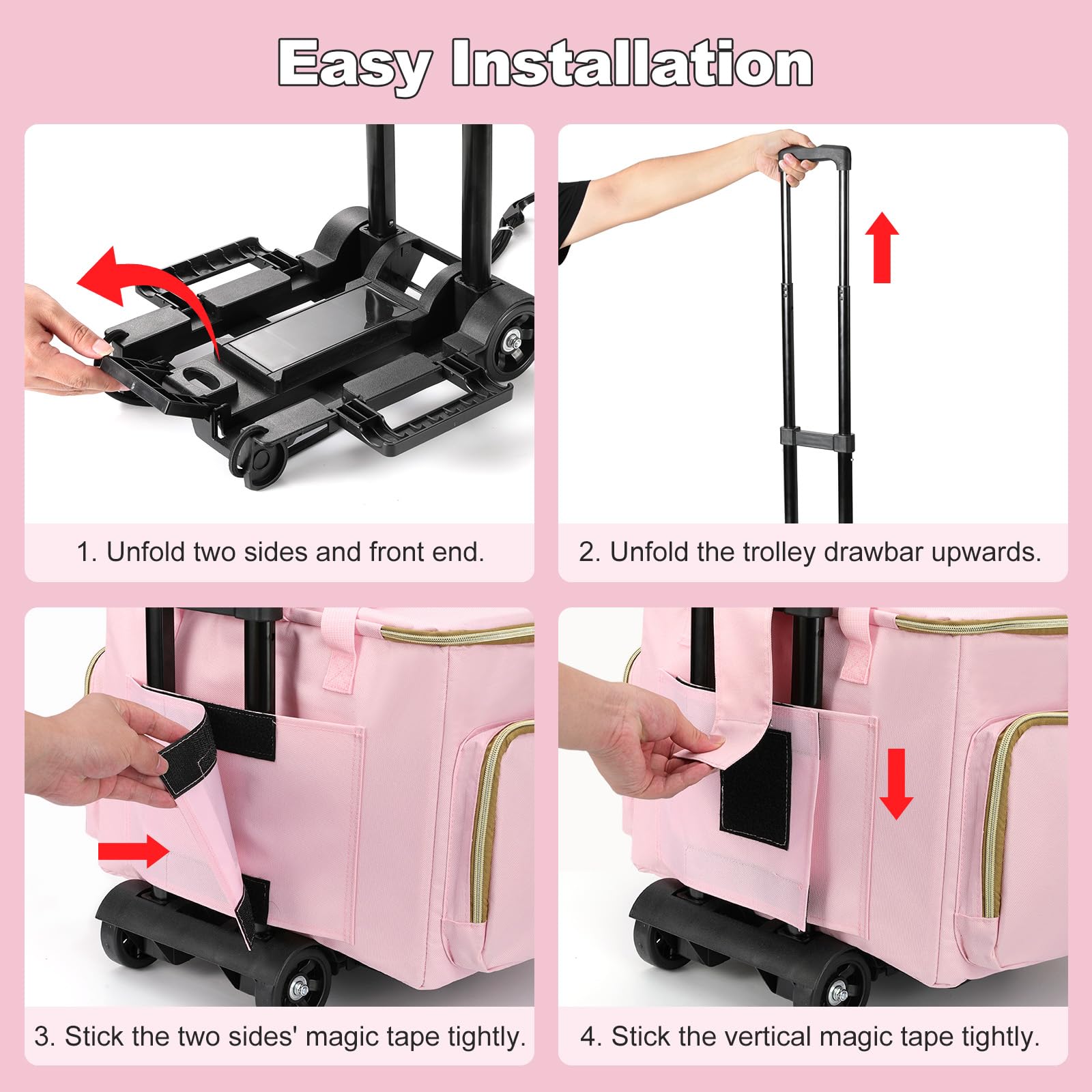 Housolution Bolsa para Maestros con Ruedas, Tote con Carro Desmontable, Estuche Portátil con Ruedas para Trabajo, Maletín con Organizador de Archivos Acordeón, Compatible con Laptop de 15,6", Rosa