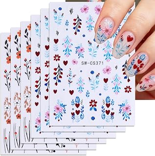 Flower Nail Stickers for Nail Art Decals - 6 Sheets Spring Fall Nail Art Stickers with Blue Colorful Floral Leaves Plant Designs DIY 3D Self Adhesive Glitter Blossom Nail Supplies Decorations