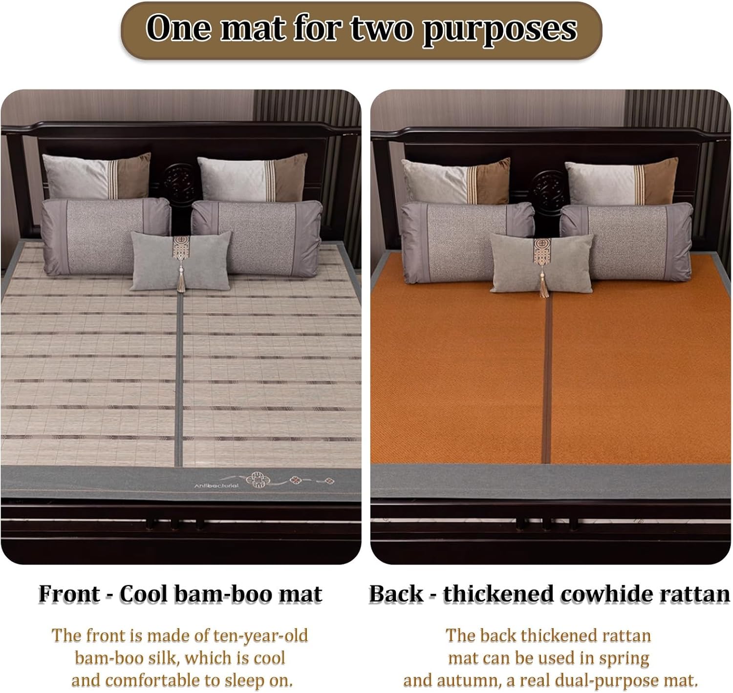 Fo-ldable Double Sided Bam-Boo Mat for Bed,Summer Sleeping Folding Mattress,Single Mattress Topper Twin Queen Cool Cooling Pad Breathable Mat(1.5x2.0m)