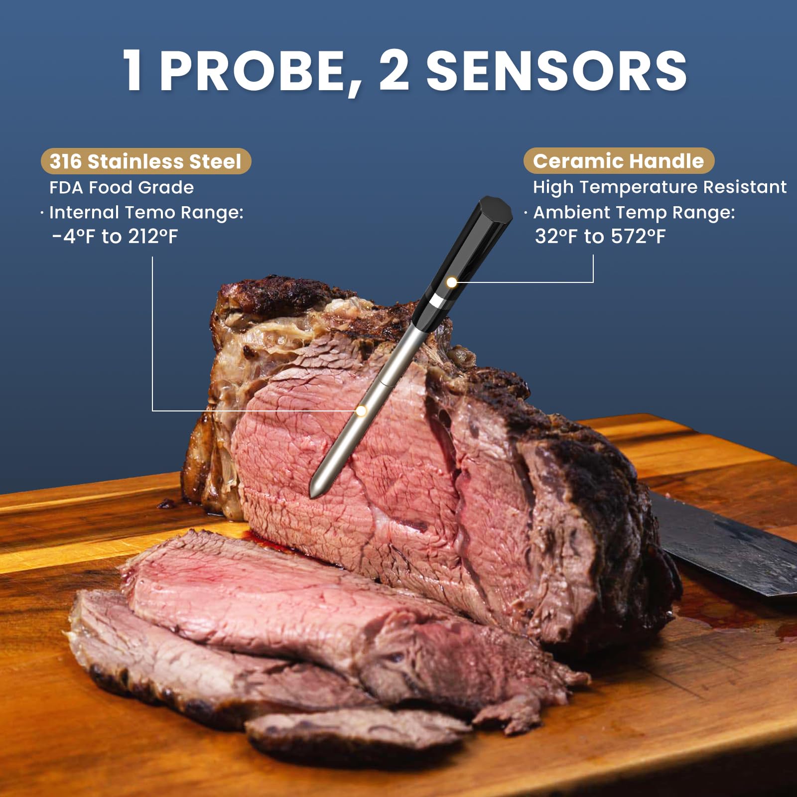 Termómetro inalámbrico para carne para asar y ahumar, 500 pies, sensor de carne, termómetro inteligente para barbacoa, horno, barbacoa, ahumador, sous vide, color azul