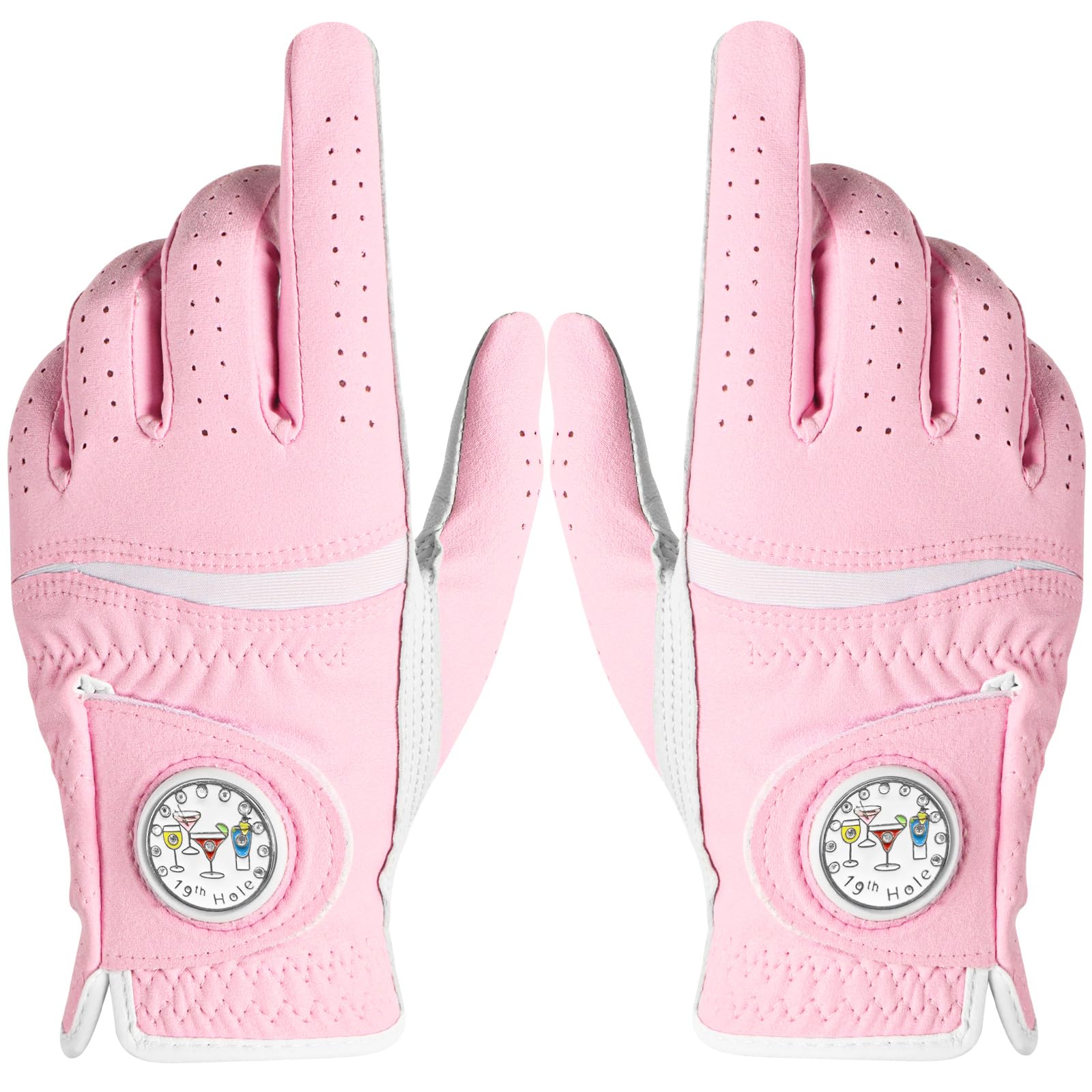 AXKAL Premium Comfortable Women's Golf Gloves with Ball Marker 2 Pack, All Weather Grip Soft Glove for Left Right Handed Golfers, Regular Breathable Fit Gift for Ladys (Pink, M, 1 Pair)