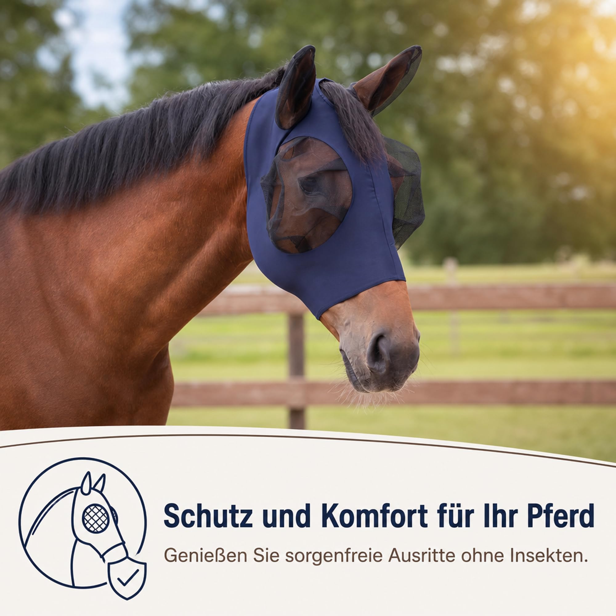 ARBO-INOX Fliegenmaske für Pferde mit Ohren – Sicherer Fliegenschutz auf der Weide – Elastisches Gewebe, Mesh an Augen, Reißverschluss, Navy