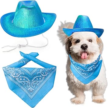 Dog Cowboy Hat Dog Cat Cowboy Hat Costume Bandana West Cowboy Accessories for Pet Metallic Space Shiny Cowboy Hats for Dog Cat Blue