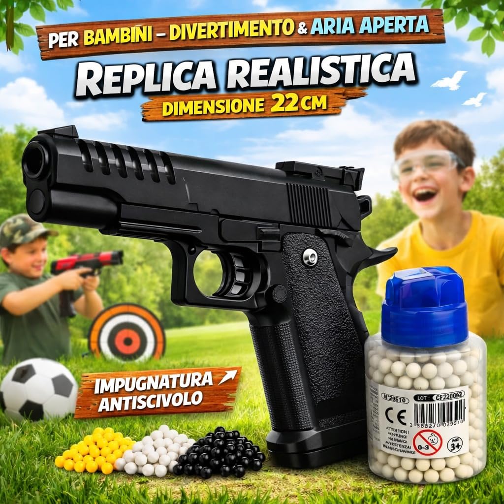 Pistola a sfera da 22 cm per bambini con biberon 400 sfere – Gioco di tiro