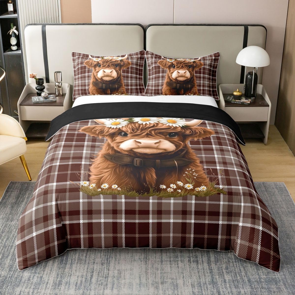 Erosebridal Cute Highland Cow 100% Cotton Bedding Set Queen Brown Buffalo Plaid Grid Duvet Cover Farmhouse Cattle Daisy Flowers Comforter Cover Wildlife Western Room Decor Breathable Bed Set 3 Pcs